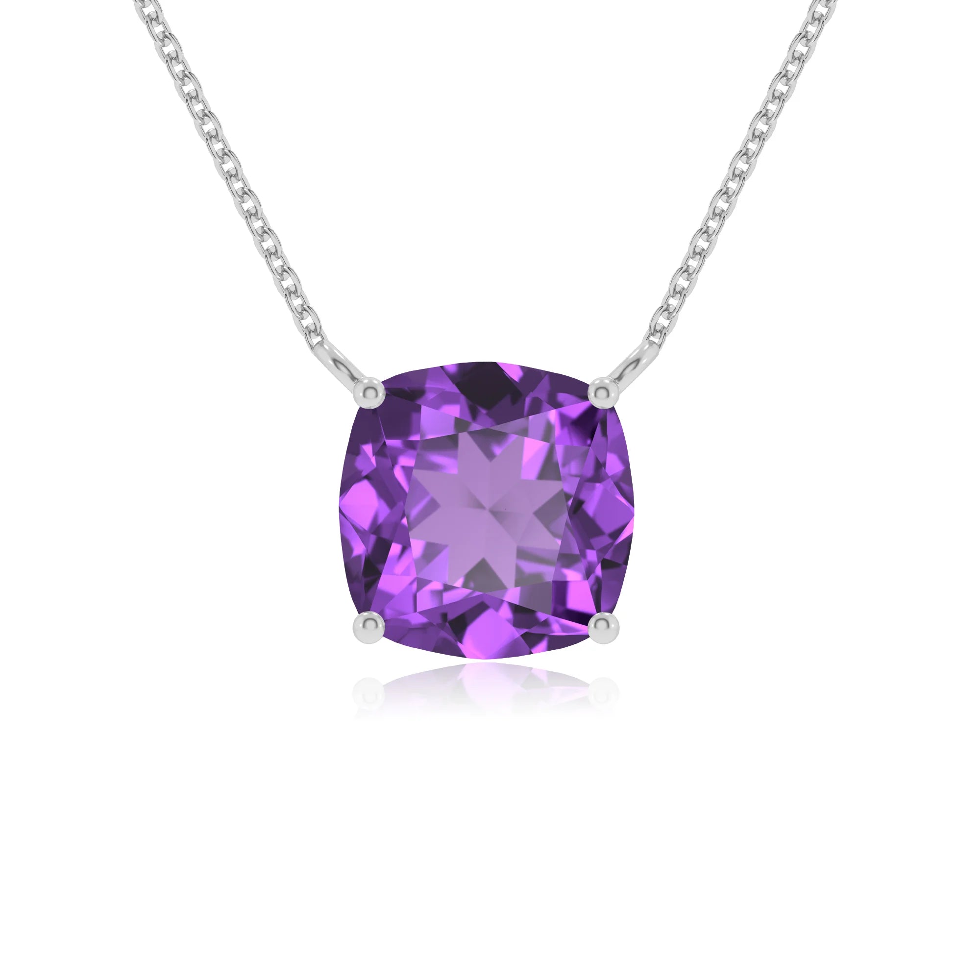 lab grown amethyst cushion solitaire necklaces in platinum
