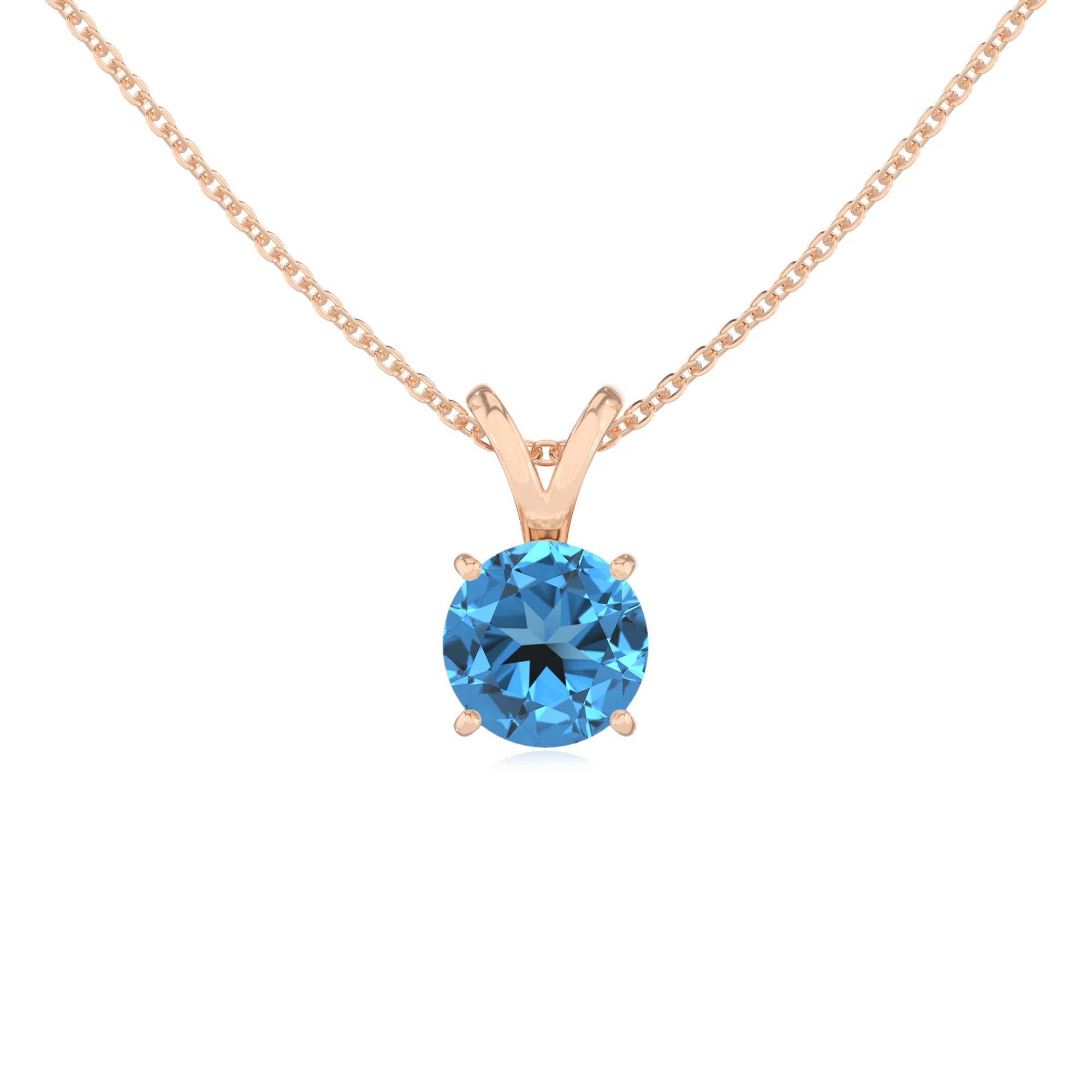 natural swiss-blue-topaz round solitaire v-bale necklaces in rose gold