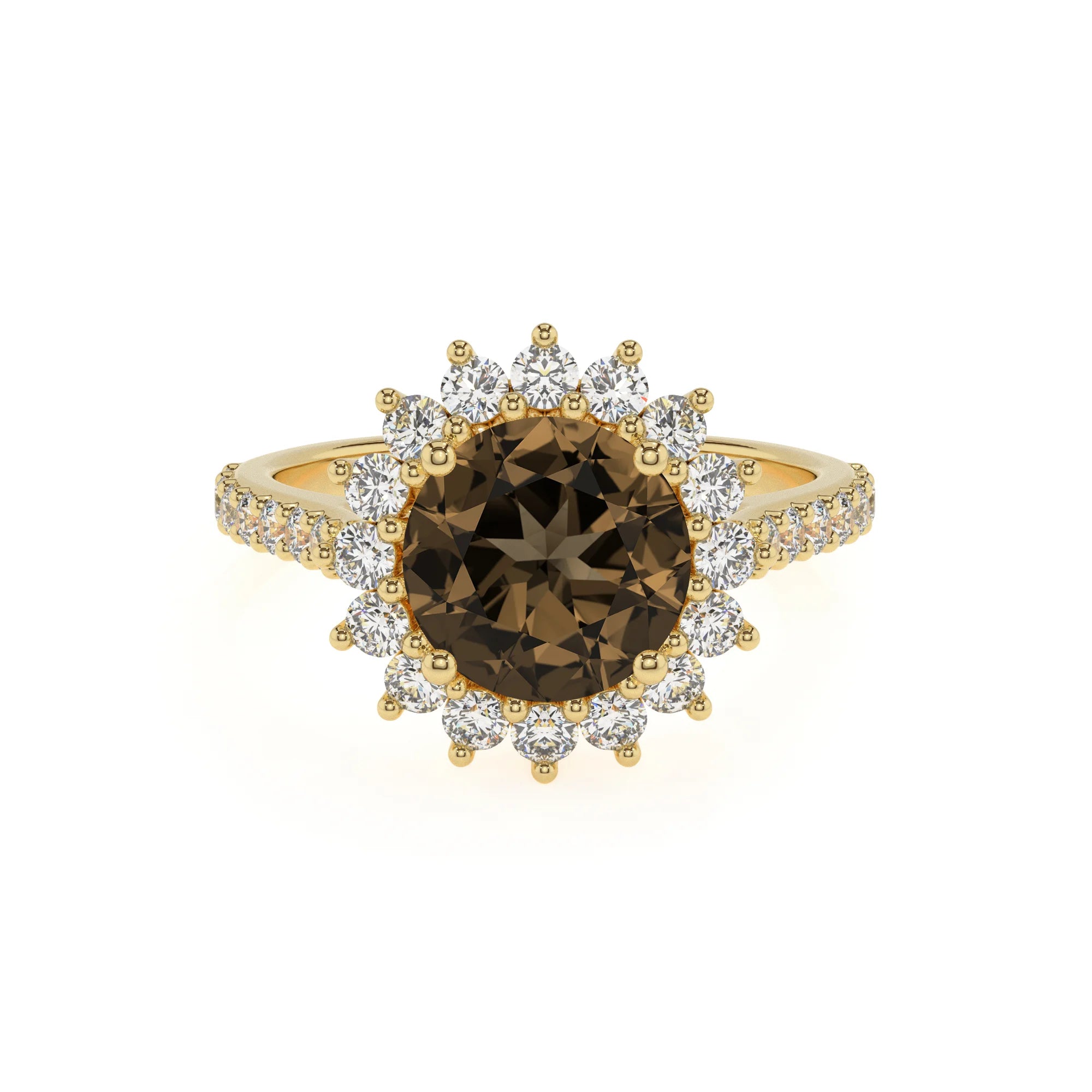 natural smoky-quartz round solitaire rings in yellow gold