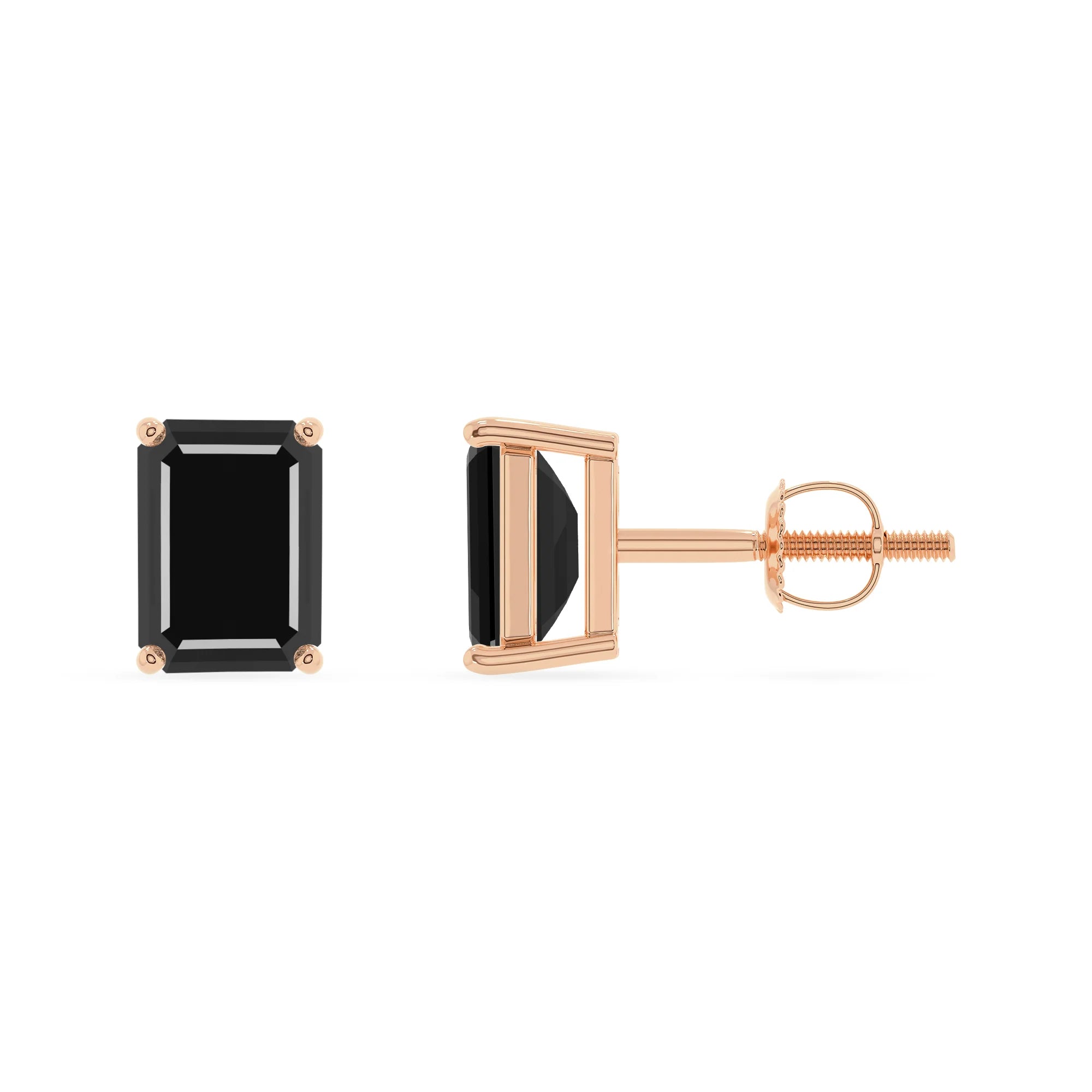 natural black onyx emerald cut stud earrings in rose gold