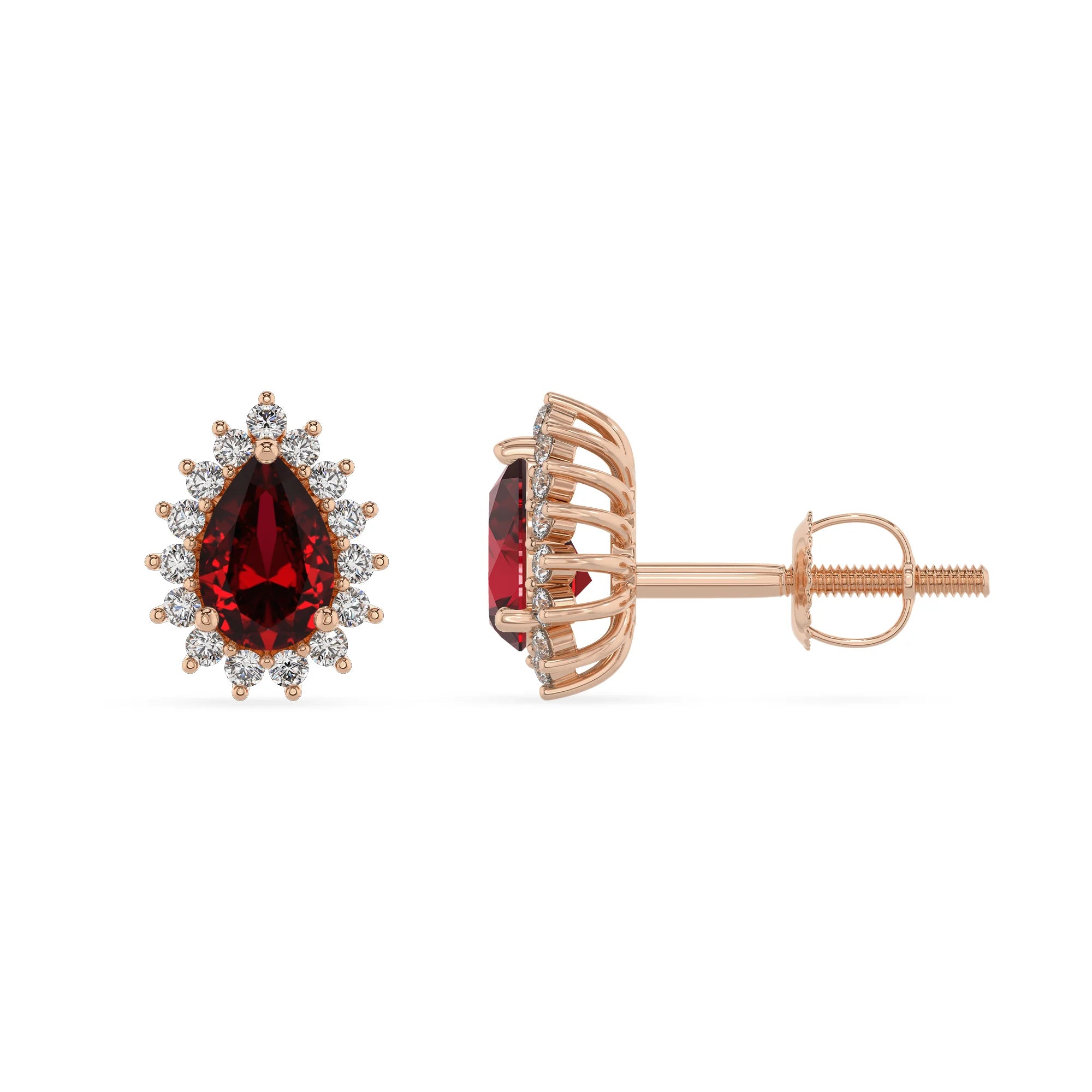 lab grown ruby pear stud earrings in rose gold