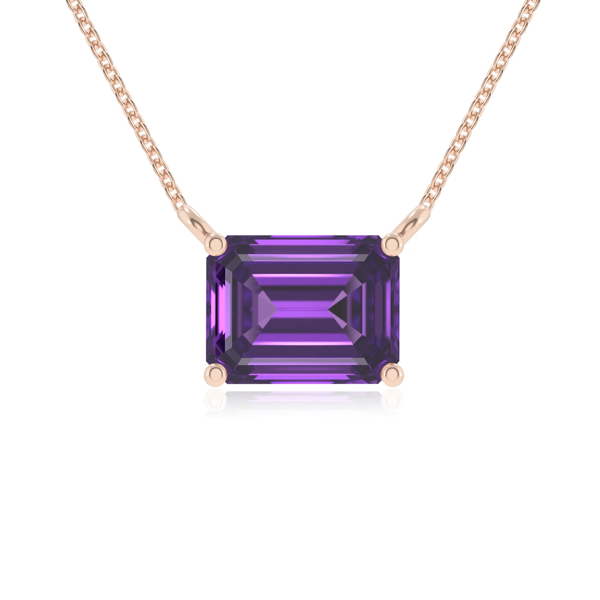 lab grown amethyst emerald cut solitaire necklaces in rose gold