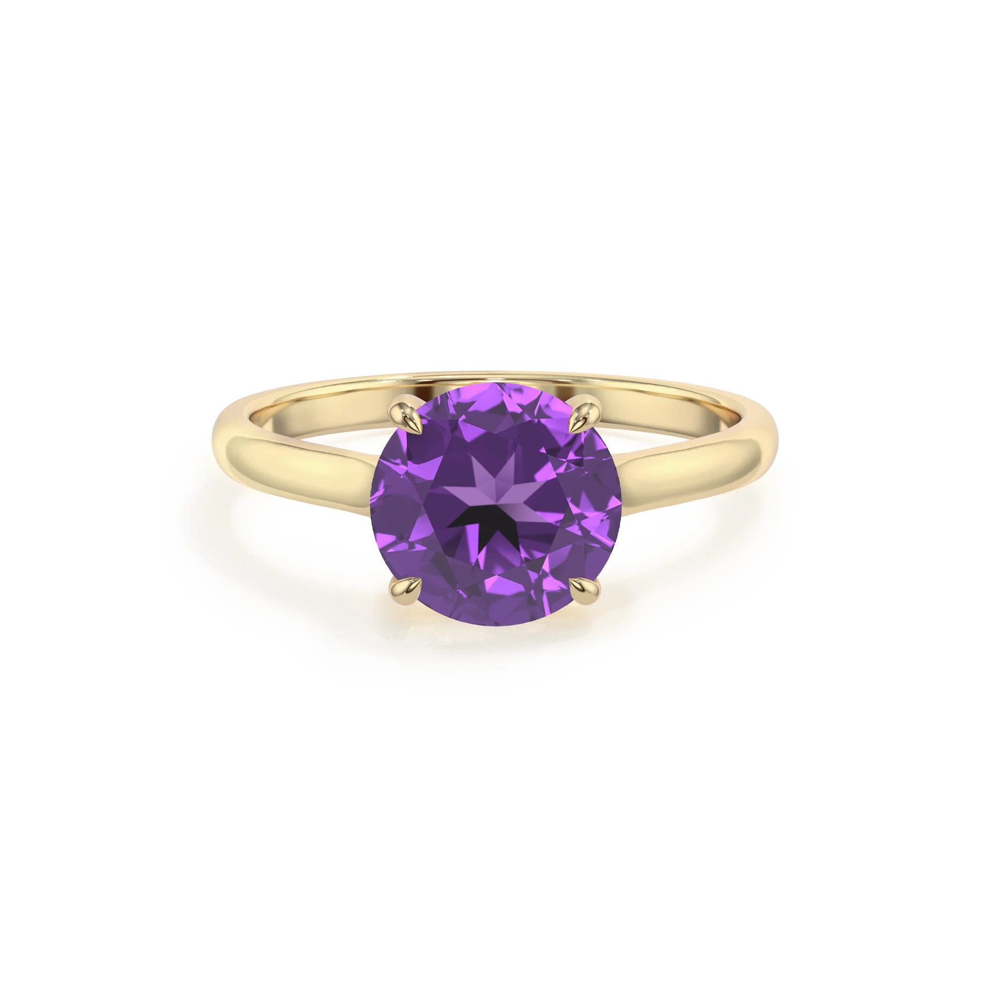 lab grown amethyst round solitaire rings in yellow gold