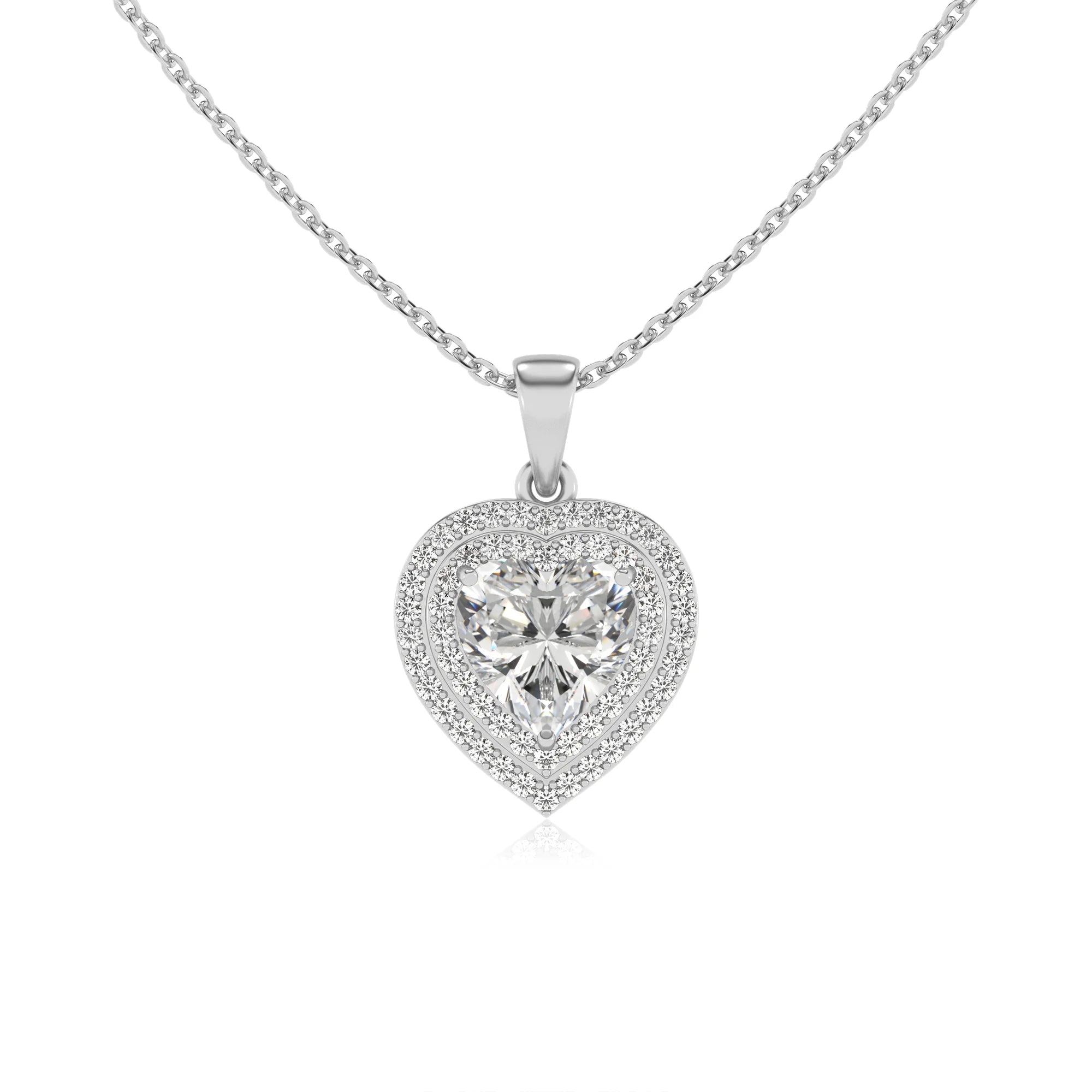 lab grown moissanite heart halo necklaces in sterling silver