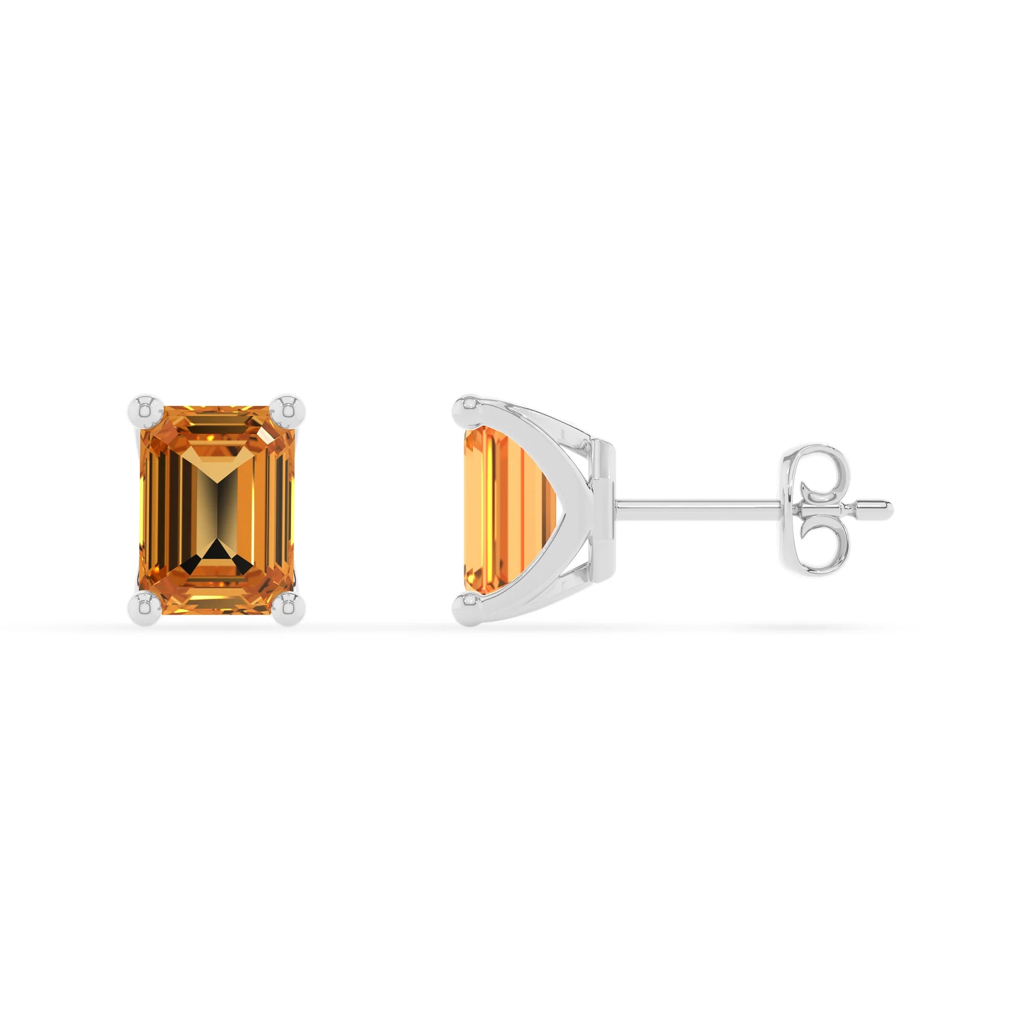 lab grown citrine emerald cut stud earrings in white gold