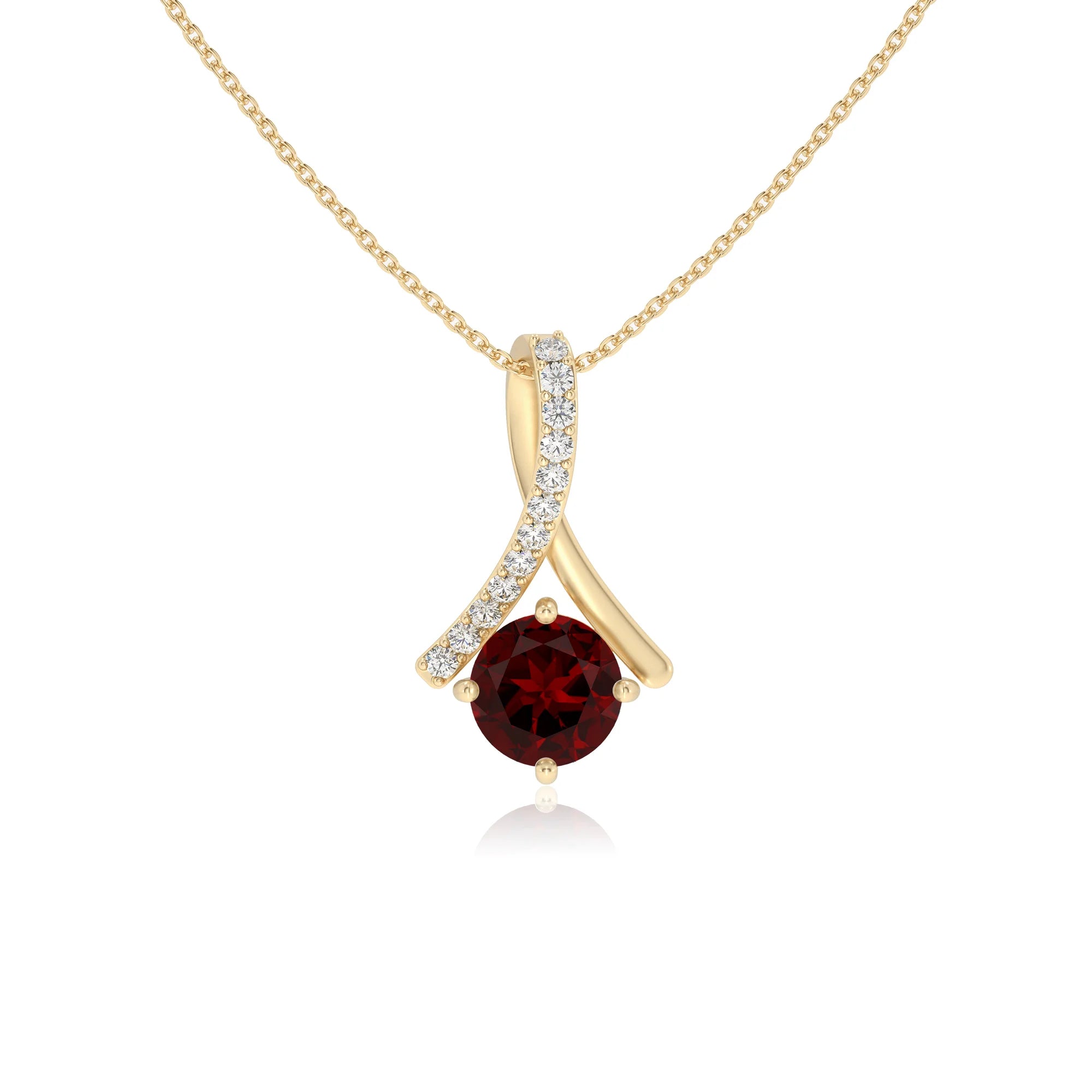 natural garnet round solitaire necklaces in yellow gold