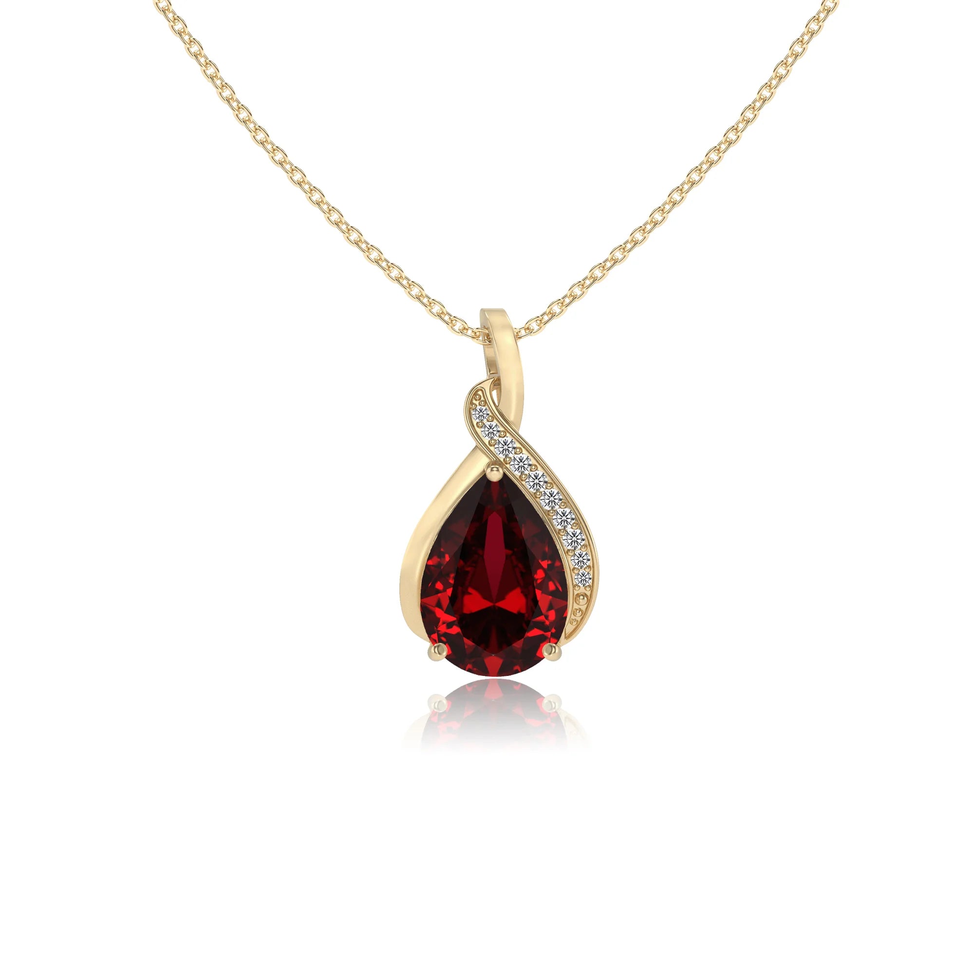 lab grown ruby pear solitaire necklaces in yellow gold