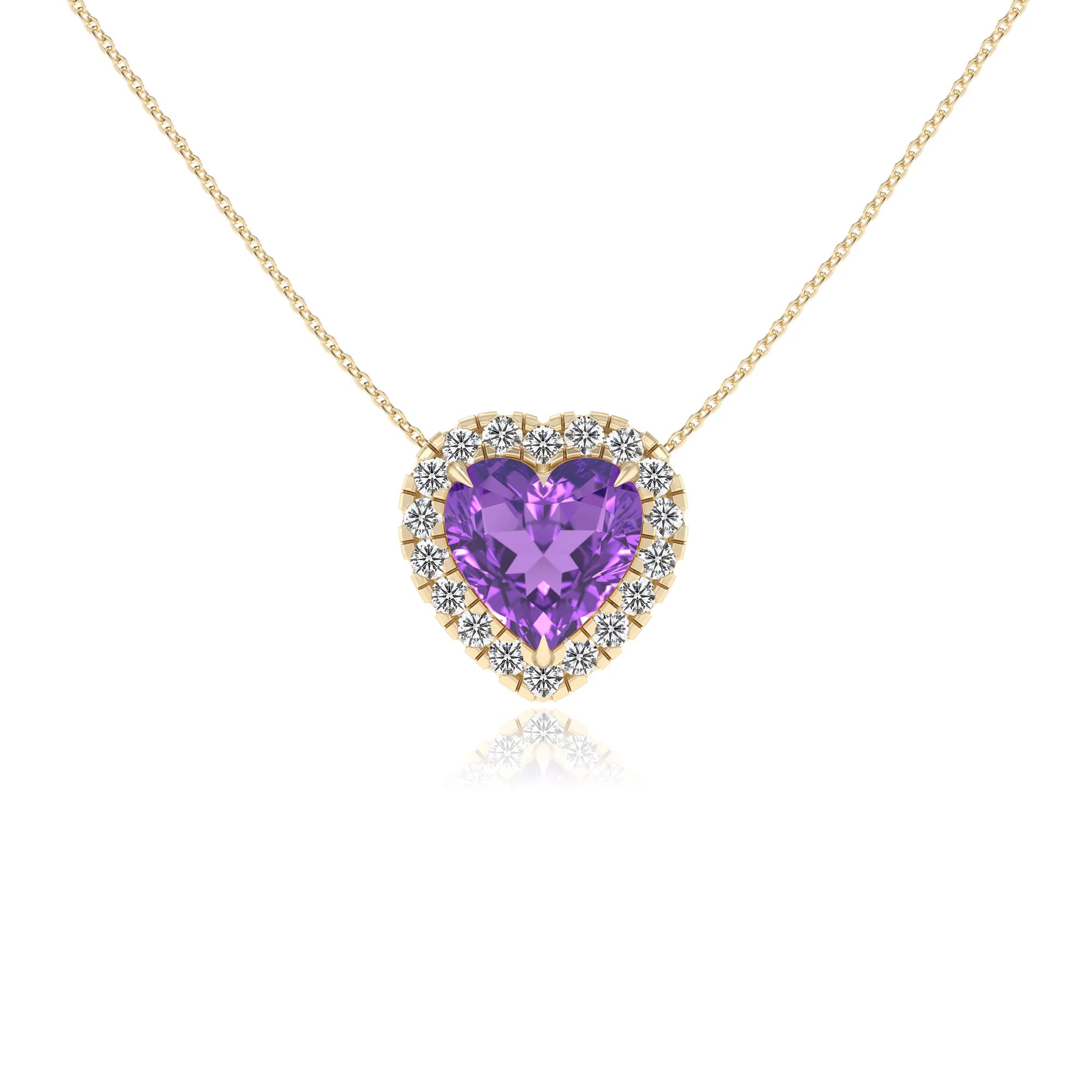 lab grown amethyst heart solitaire necklaces in yellow gold