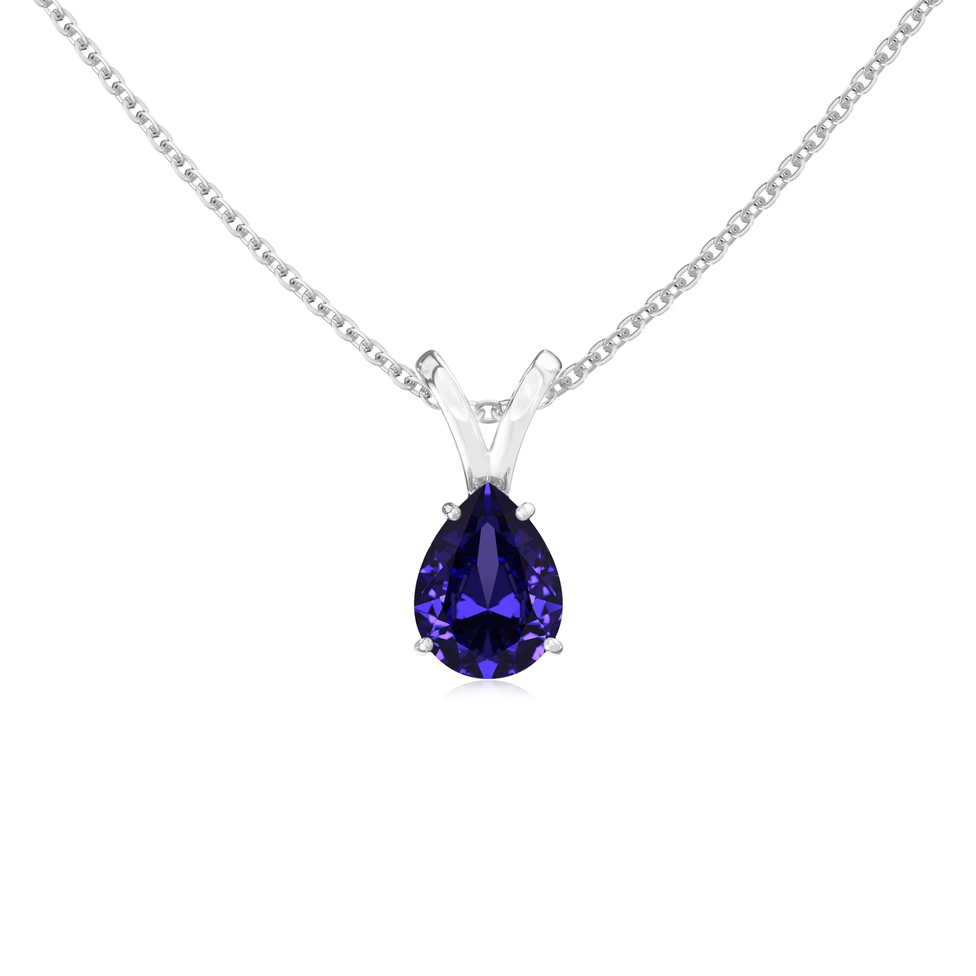 lab grown tanzanite pear solitaire v-bale necklaces in white gold
