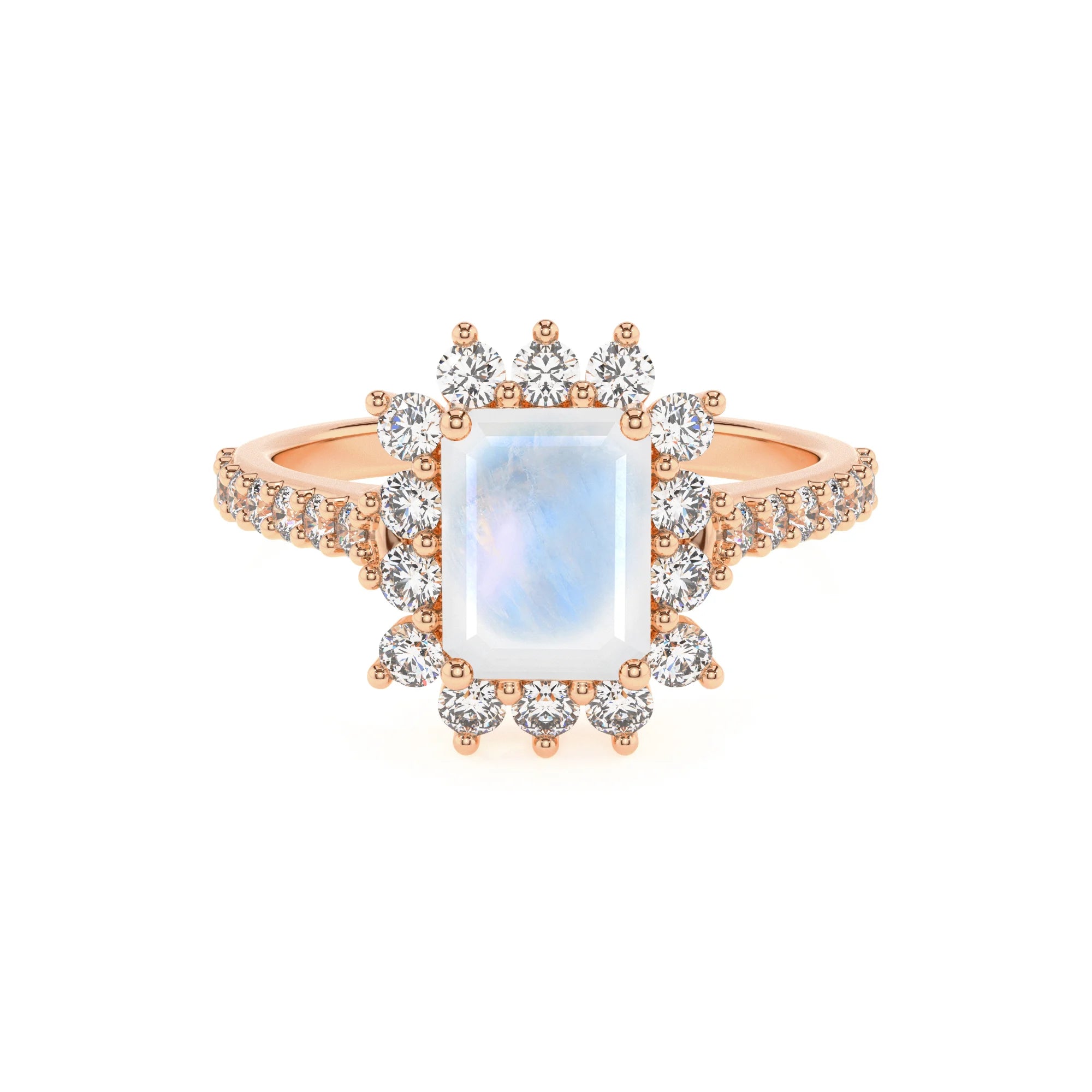 natural rainbow-moonstone emerald cut solitaire rings in rose gold