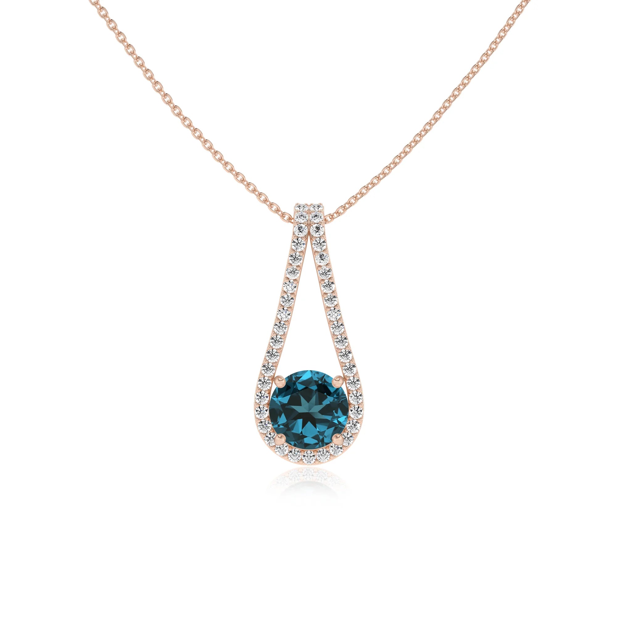 natural london-blue-topaz round solitaire v-bale necklaces in rose gold