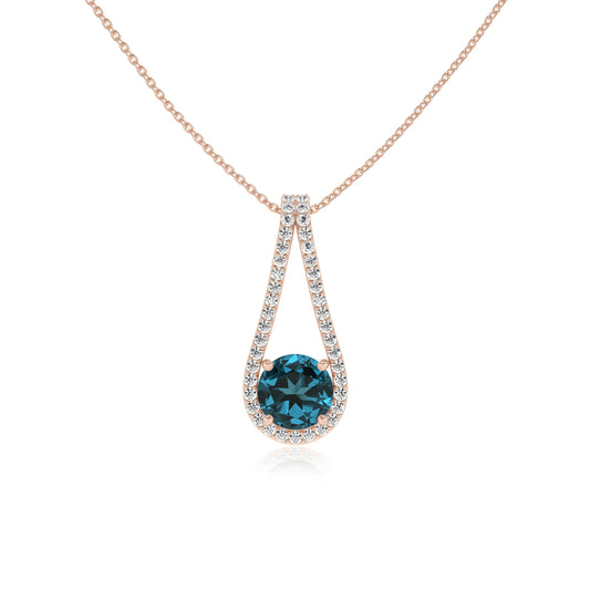 natural london-blue-topaz round solitaire v-bale necklaces in rose gold