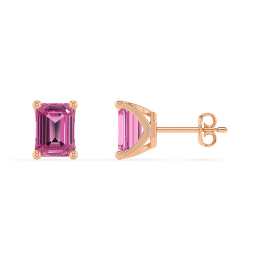 lab grown pink sapphire emerald cut stud earrings in rose gold