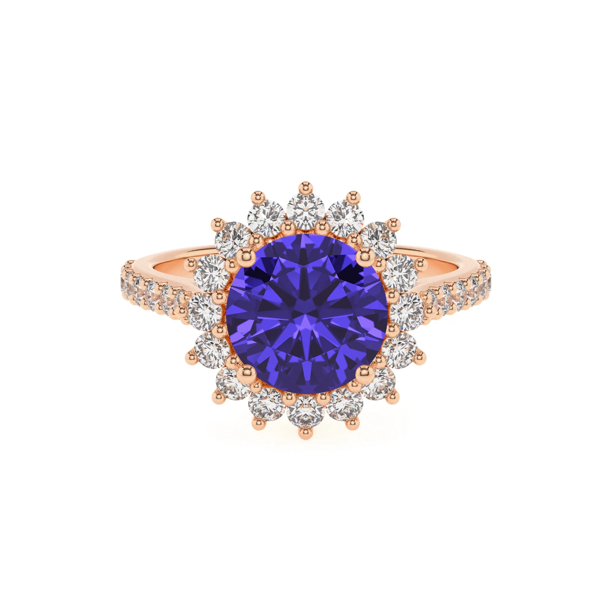 lab grown tanzanite round solitaire rings in rose gold