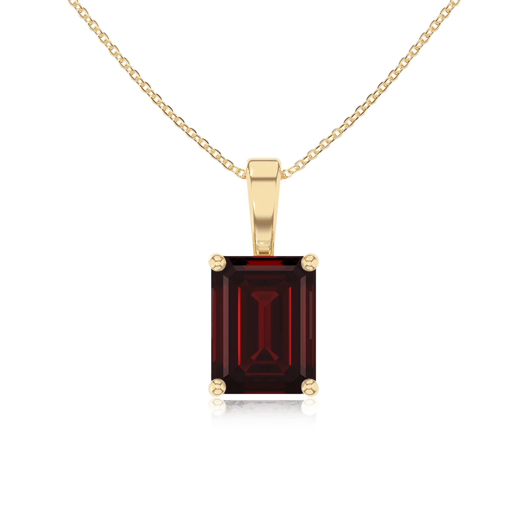 natural garnet emerald cut solitaire necklaces in yellow gold