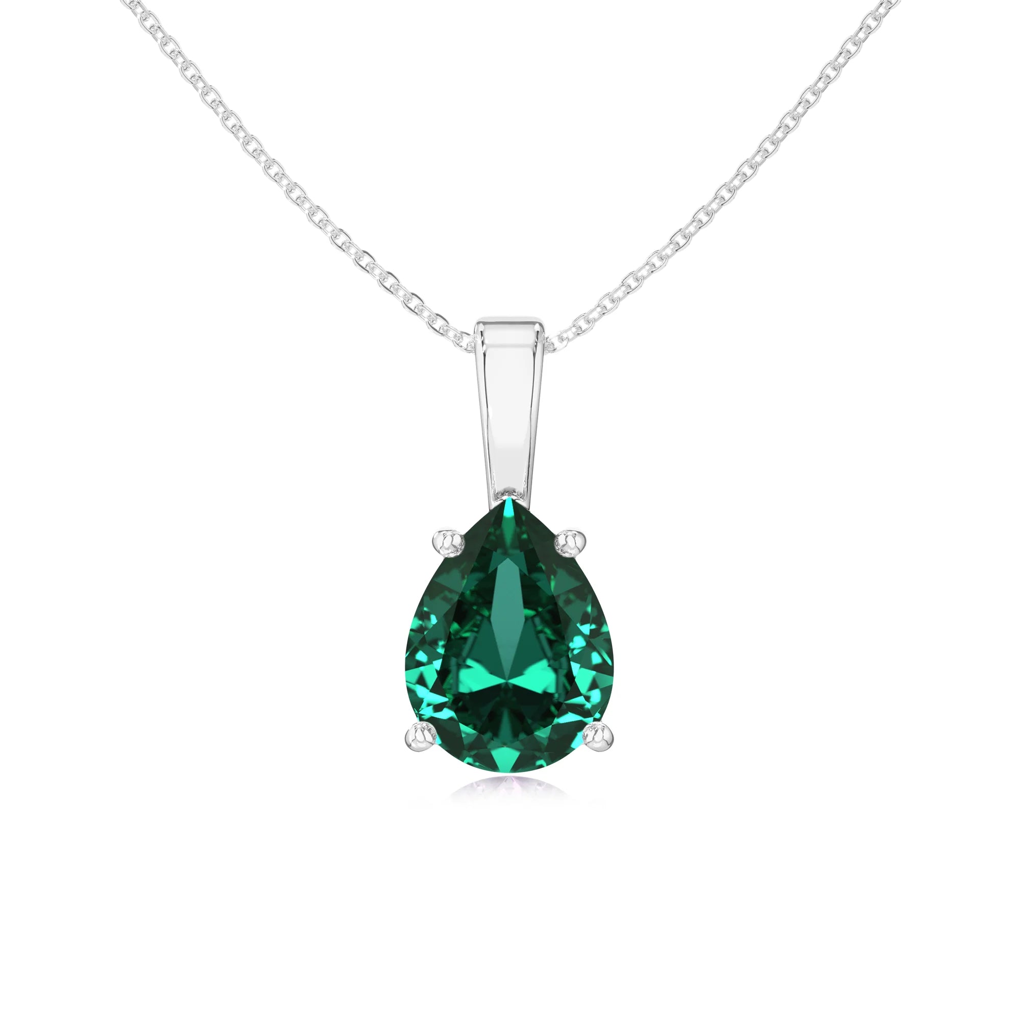 lab grown emerald pear solitaire necklaces in white gold