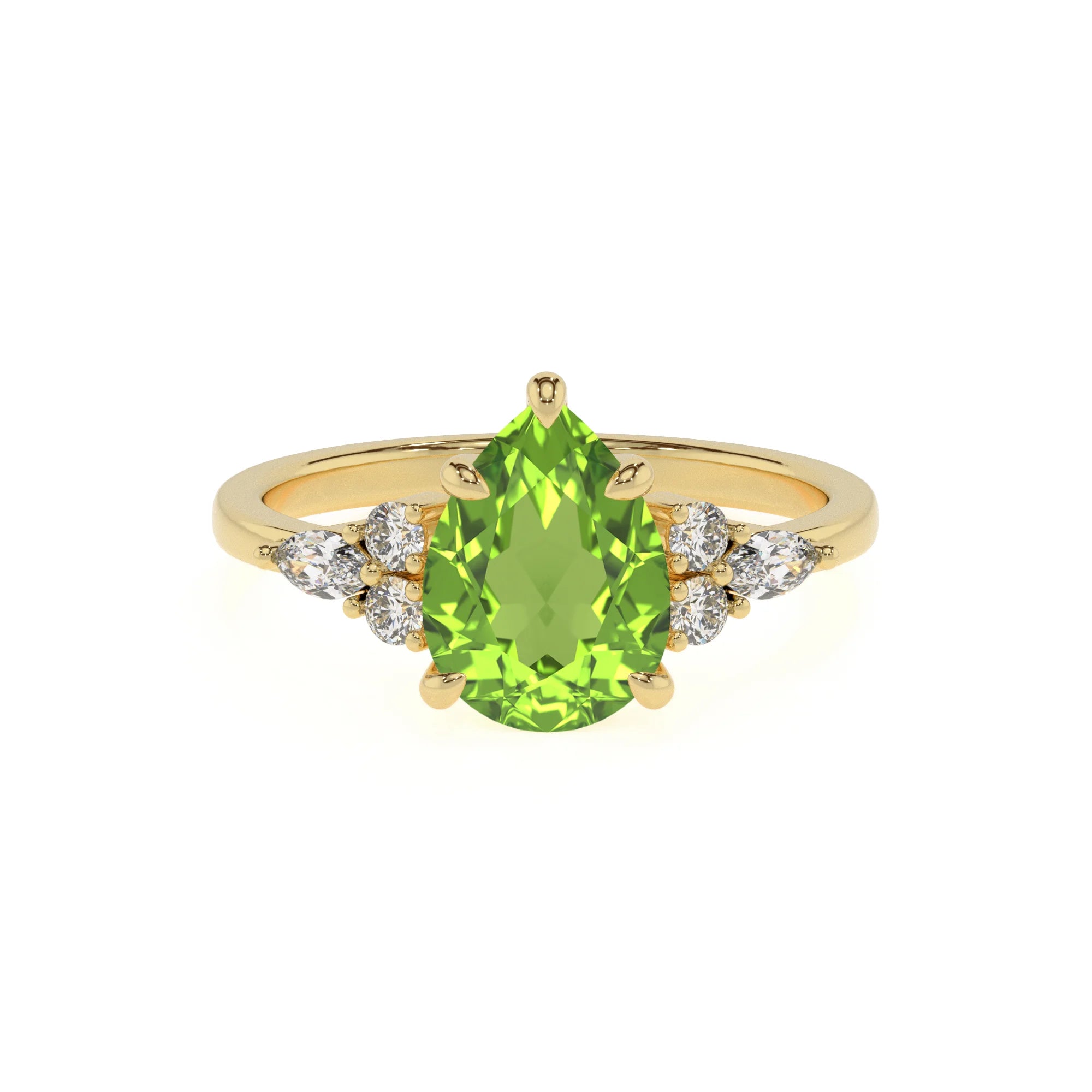natural peridot pear solitaire rings in yellow gold