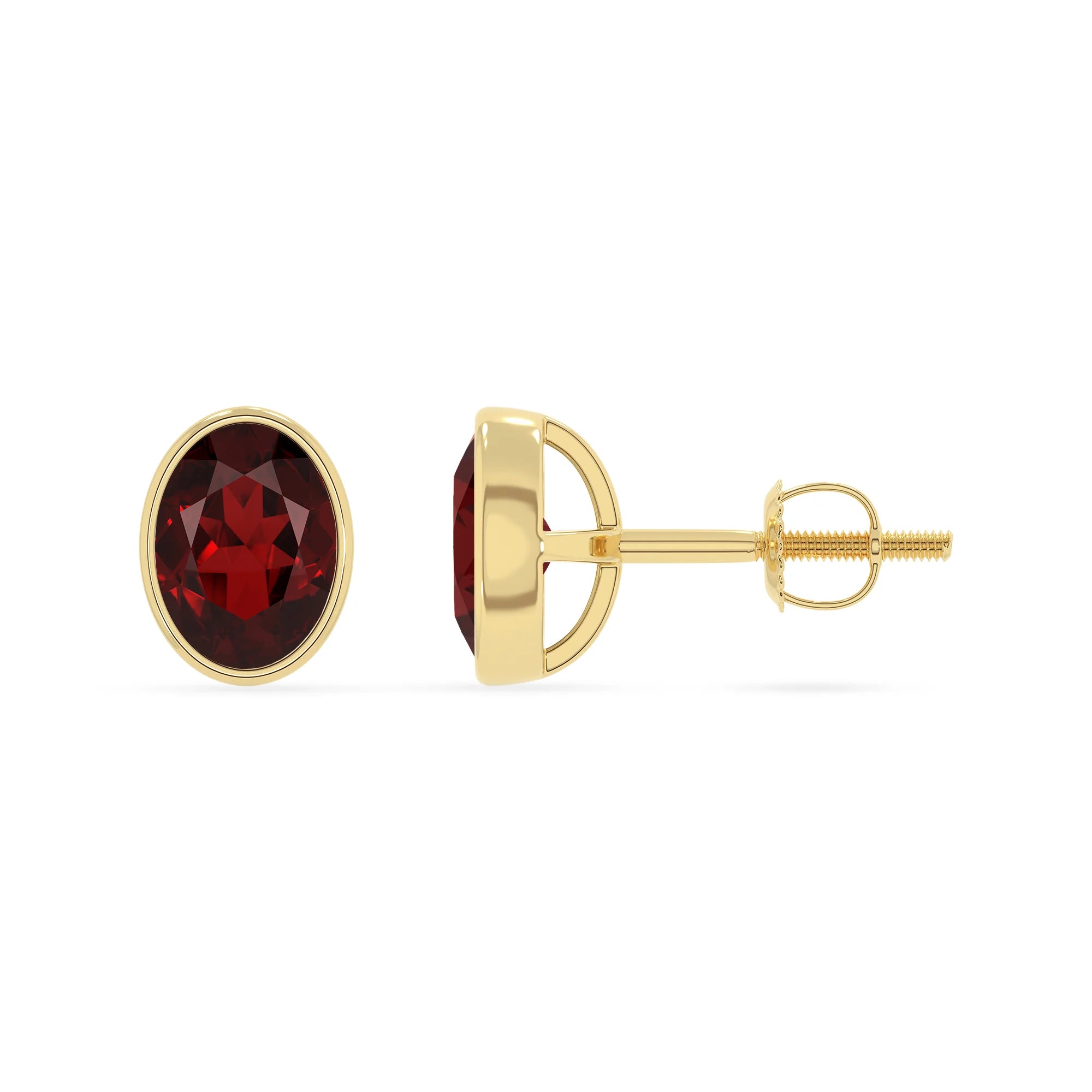 natural garnet oval stud earrings in yellow gold