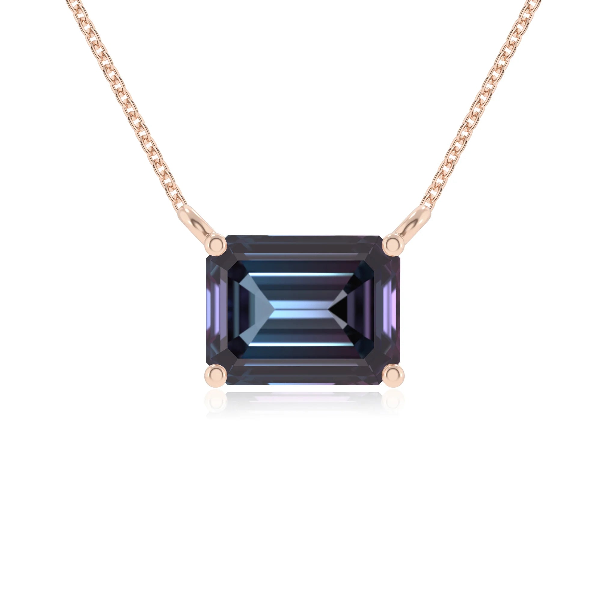 lab grown alexandrite emerald cut solitaire necklaces in rose gold