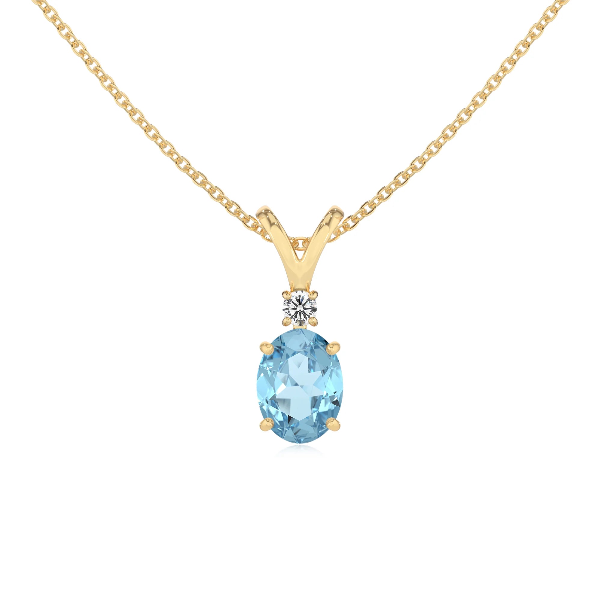 lab grown aquamarine oval solitaire v-bale necklaces in yellow gold