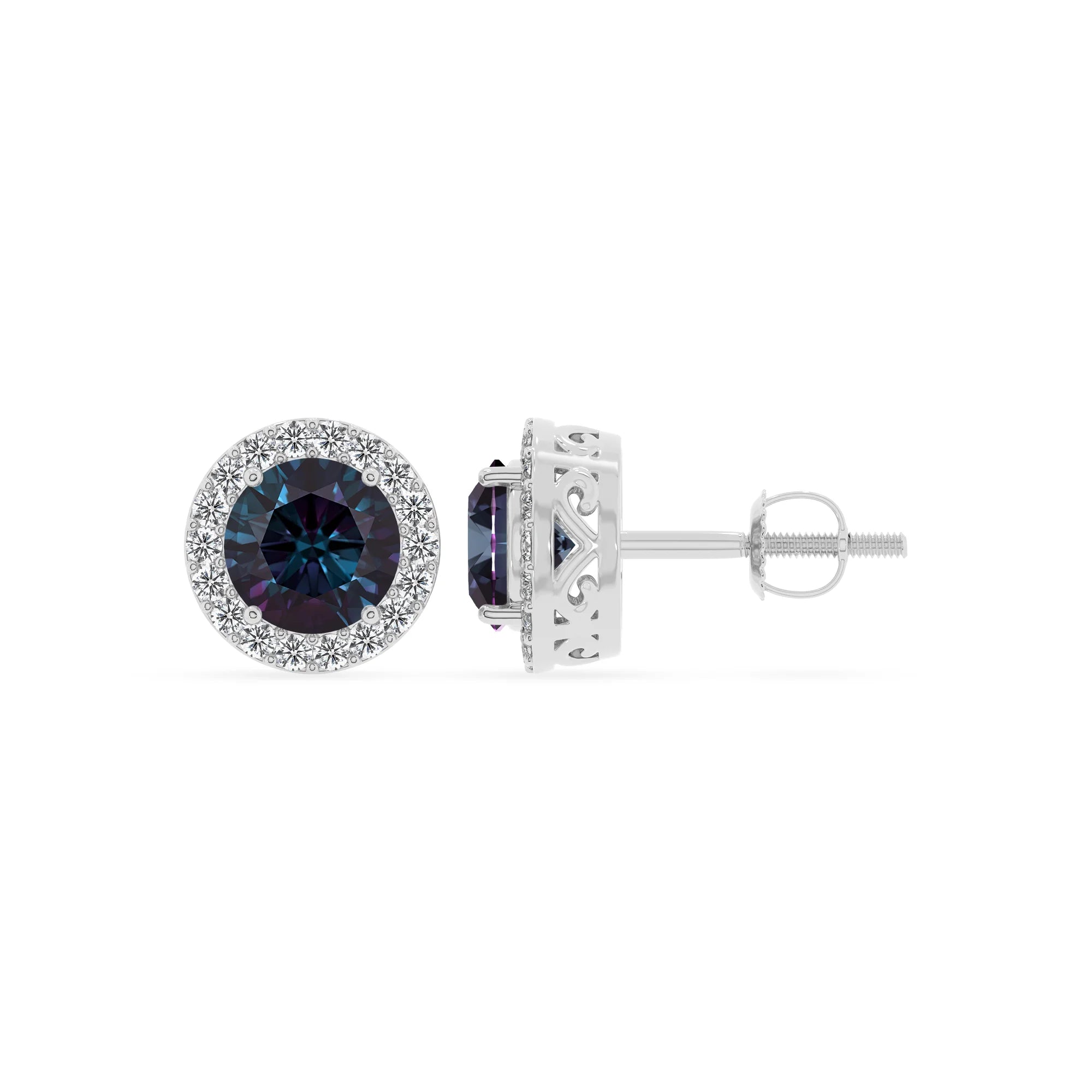 lab grown alexandrite round stud earrings in white gold