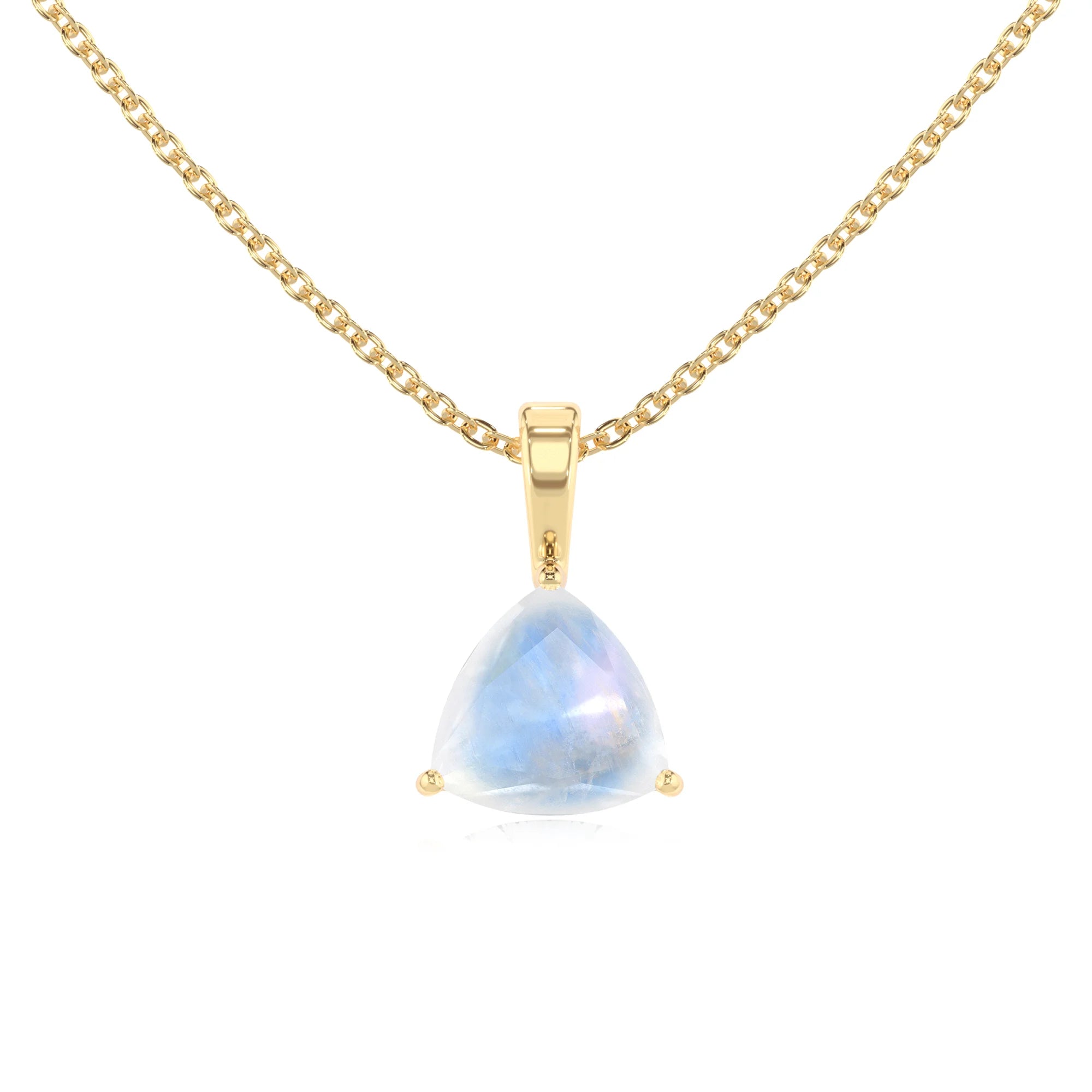 natural rainbow-moonstone trillion solitaire necklaces in yellow gold