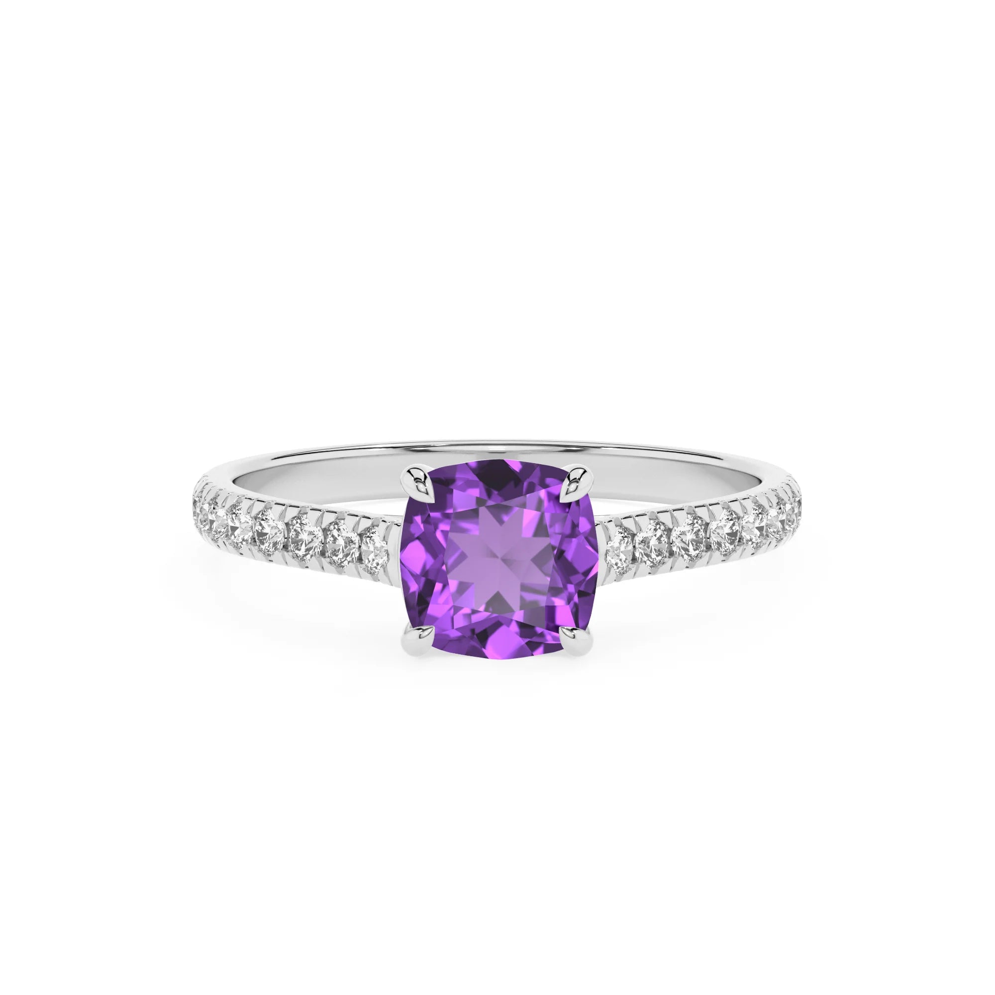 lab grown amethyst cushion half eternity solitaire engagement rings in platinum