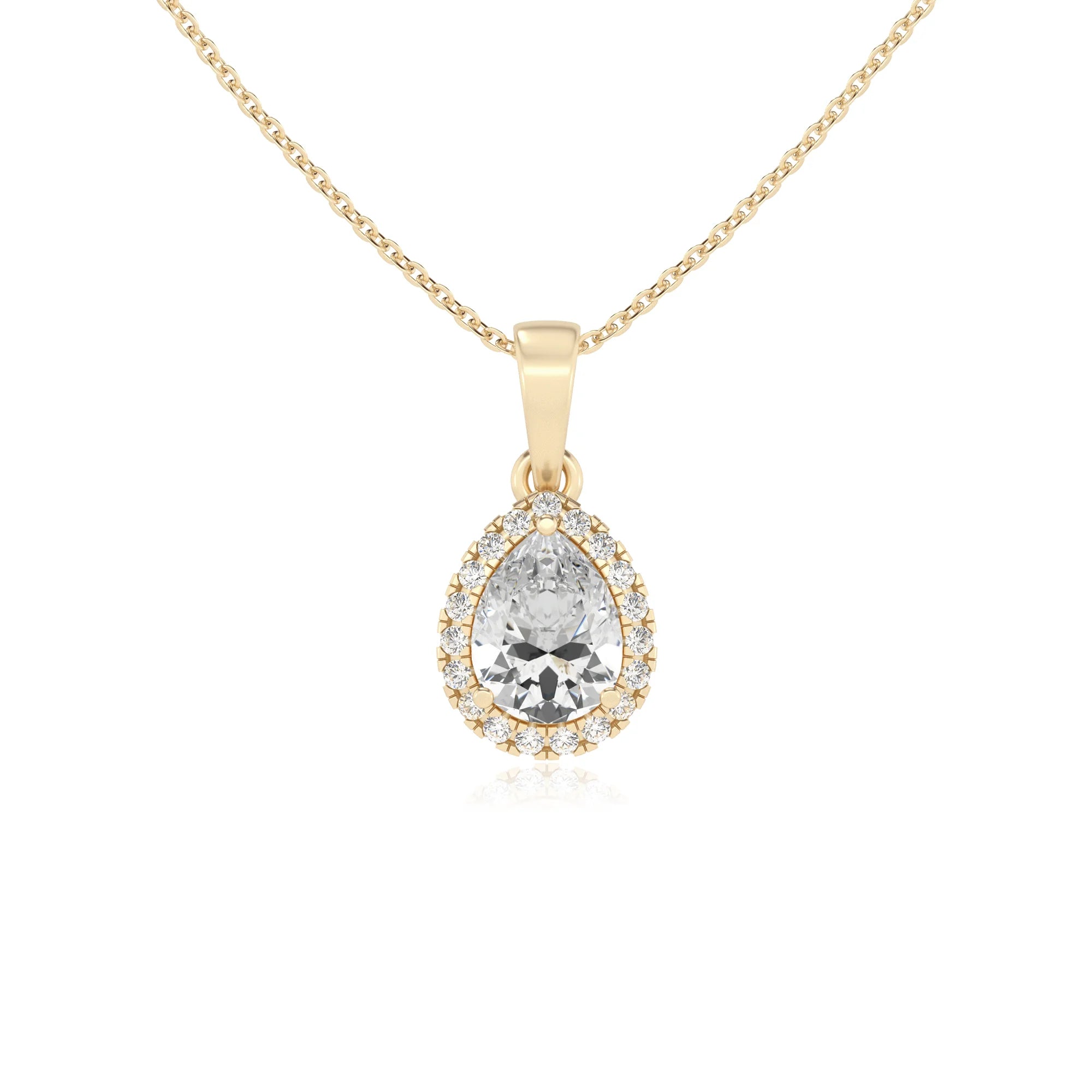lab grown moissanite pear solitaire necklaces in yellow gold