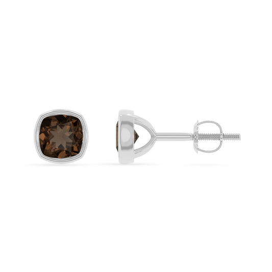 natural smoky quartz cushion stud earrings in platinum