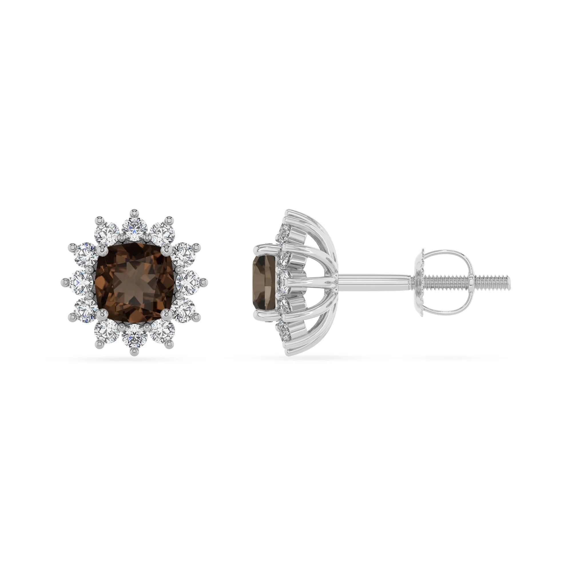 natural smoky quartz cushion stud earrings in platinum
