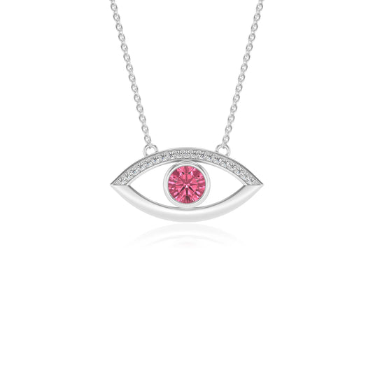 lab grown pink-tourmaline round solitaire necklaces in white gold