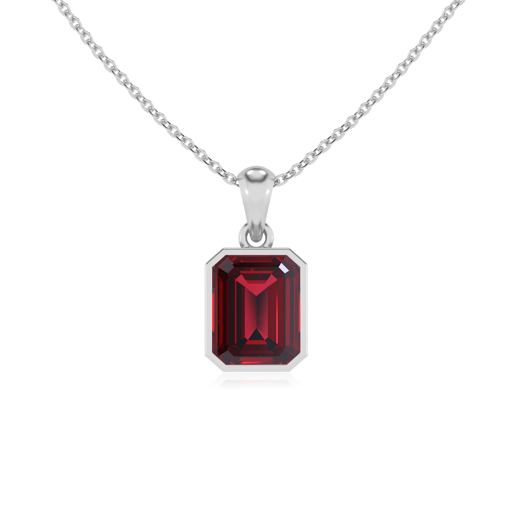 lab grown ruby emerald cut solitaire necklaces in white gold