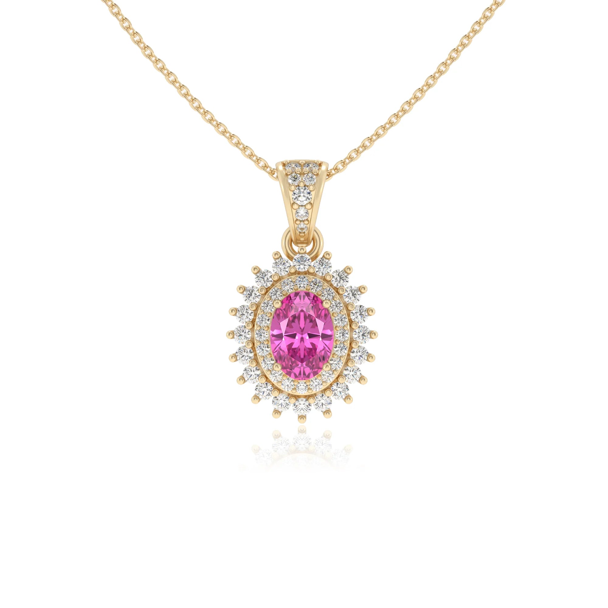 lab grown pink-sapphire oval halo necklaces in yellow gold