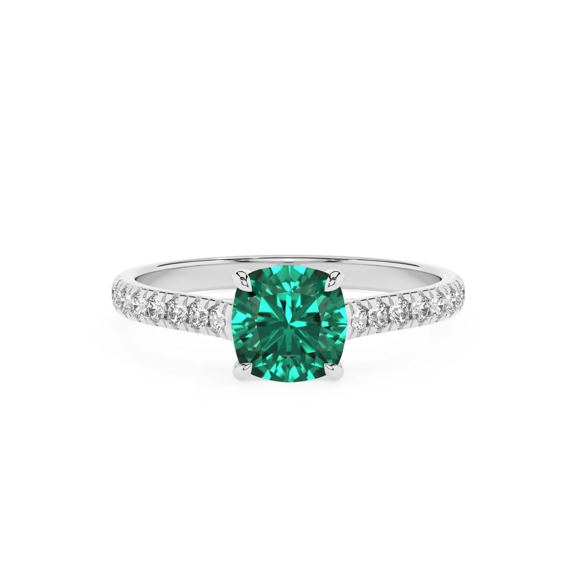 lab grown emerald cushion half eternity solitaire engagement rings in sterling silver