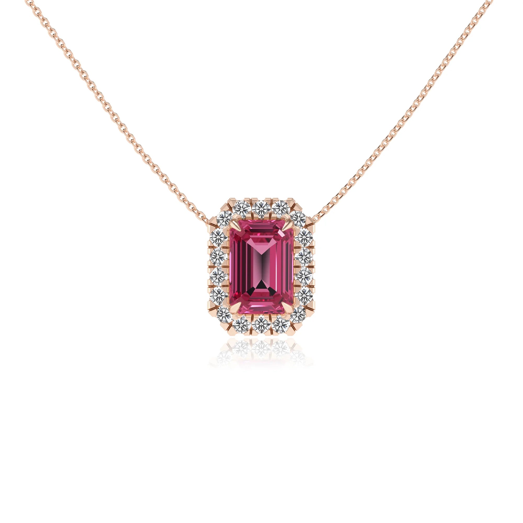 lab grown pink tourmaline emerald cut solitaire necklaces in rose gold