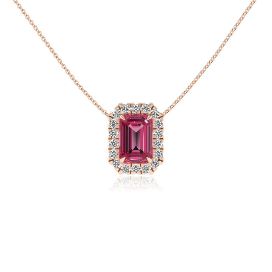 lab grown pink tourmaline emerald cut solitaire necklaces in rose gold
