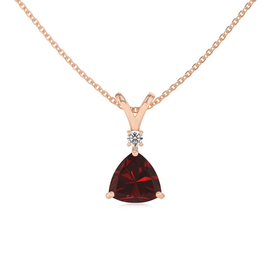 natural garnet trillion solitaire v-bale necklaces in rose gold