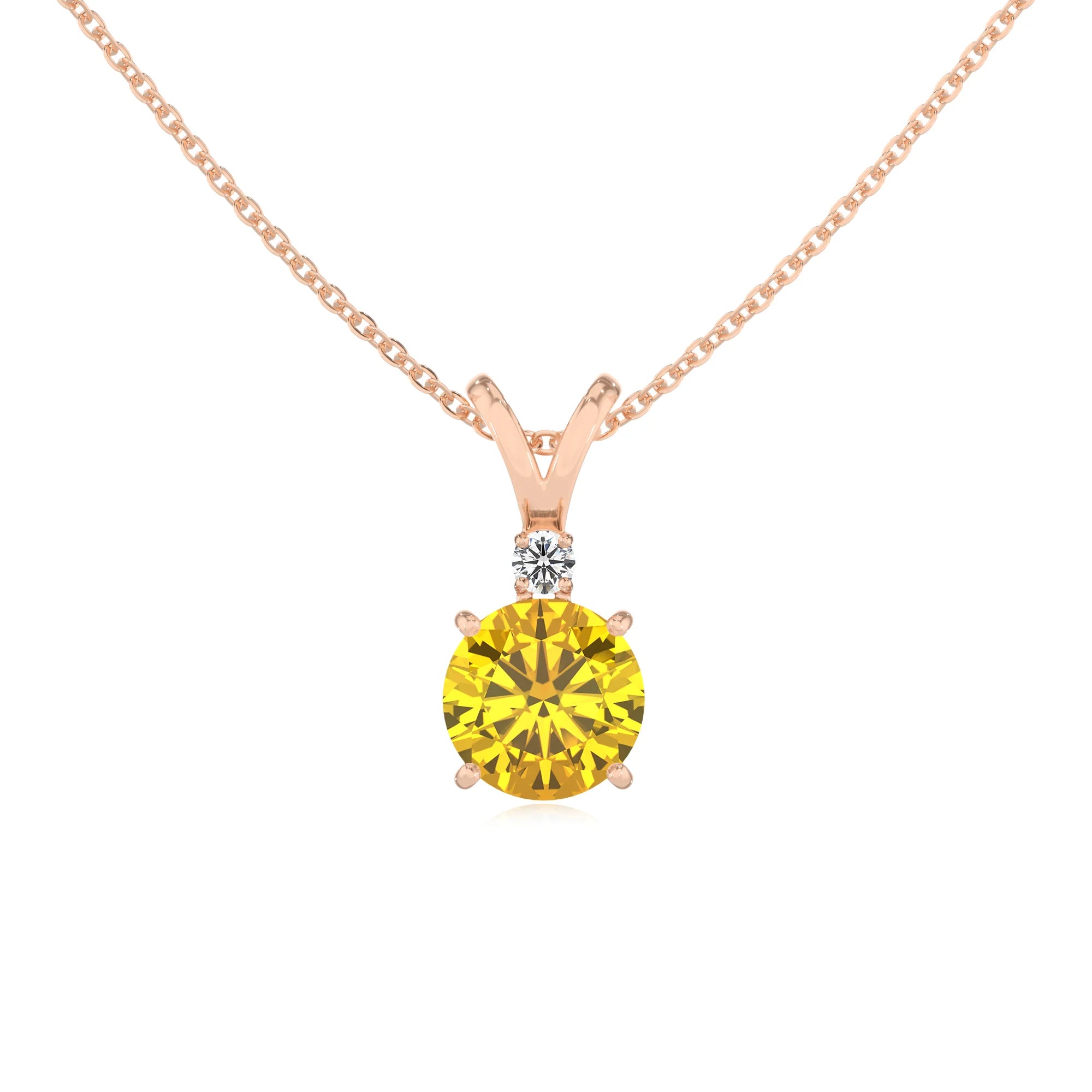 lab grown yellow-sapphire round solitaire v-bale necklaces in rose gold