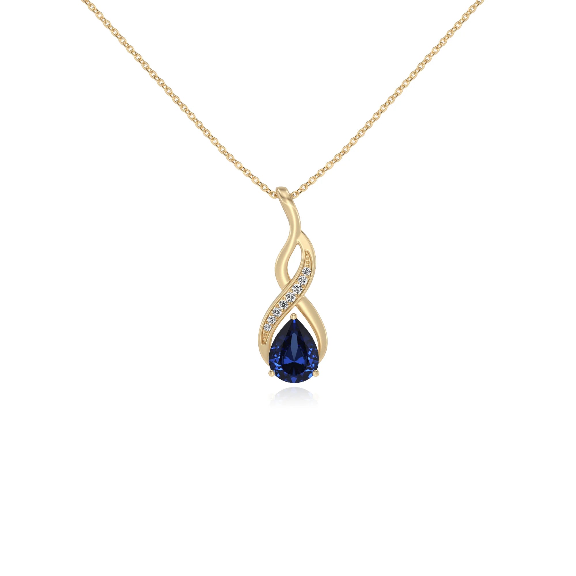 lab grown blue-sapphire pear solitaire necklaces in yellow gold