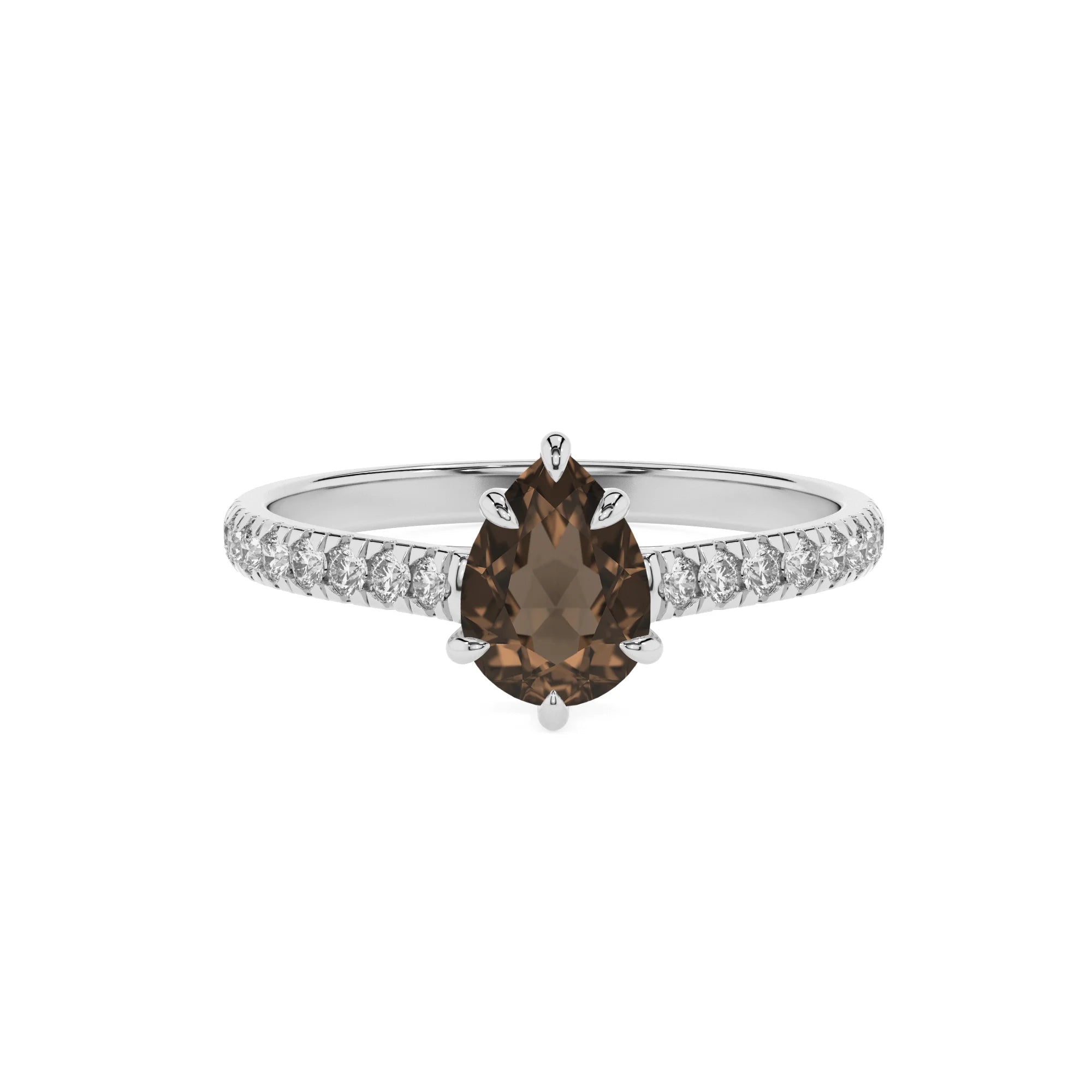 natural smoky-quartz pear half eternity solitaire engagement rings in white gold