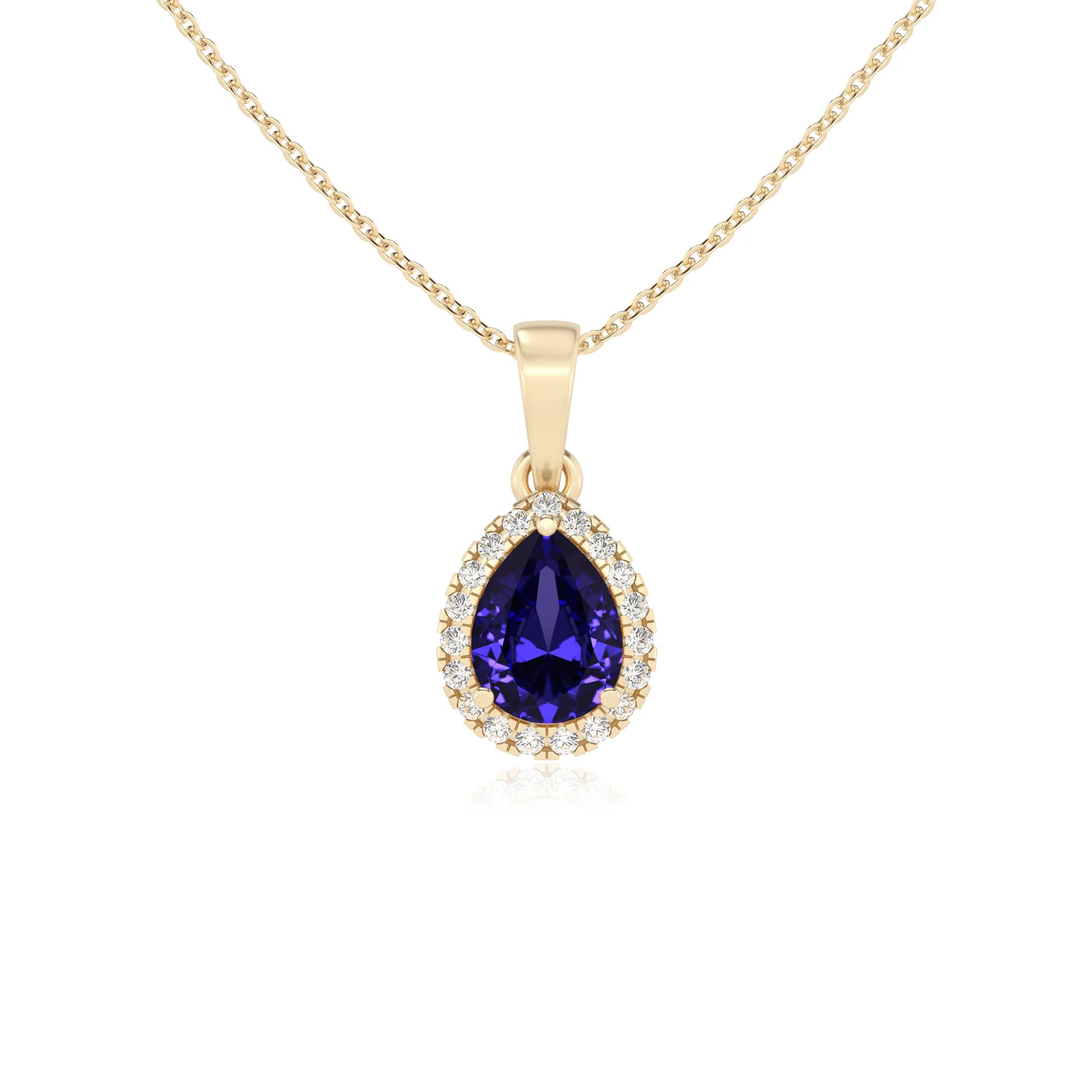 lab grown tanzanite pear solitaire necklaces in yellow gold