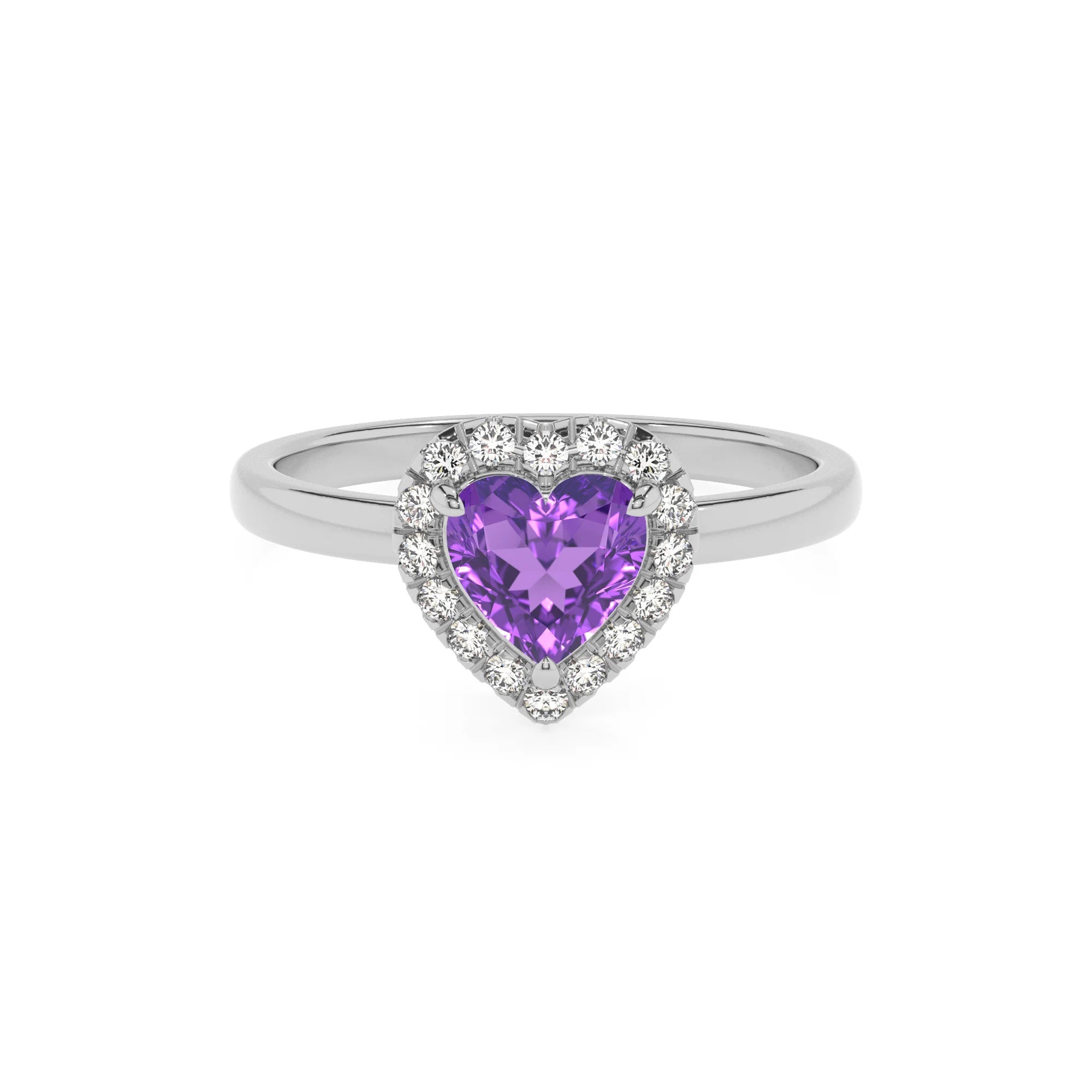 lab grown amethyst heart solitaire rings in white gold