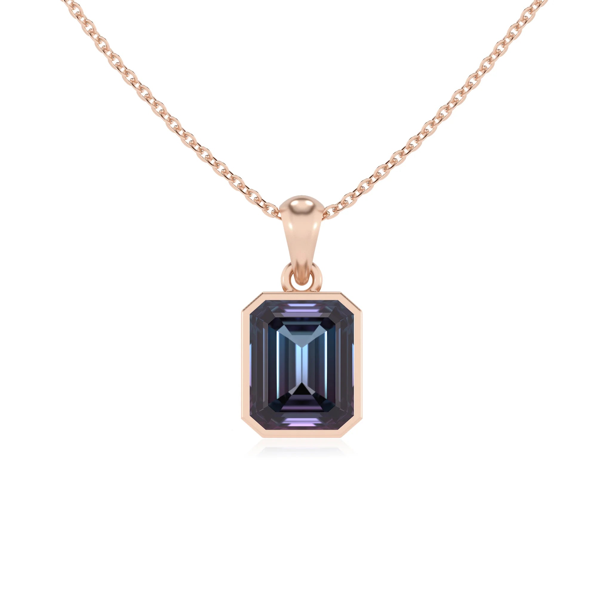 lab grown alexandrite emerald cut solitaire necklaces in rose gold