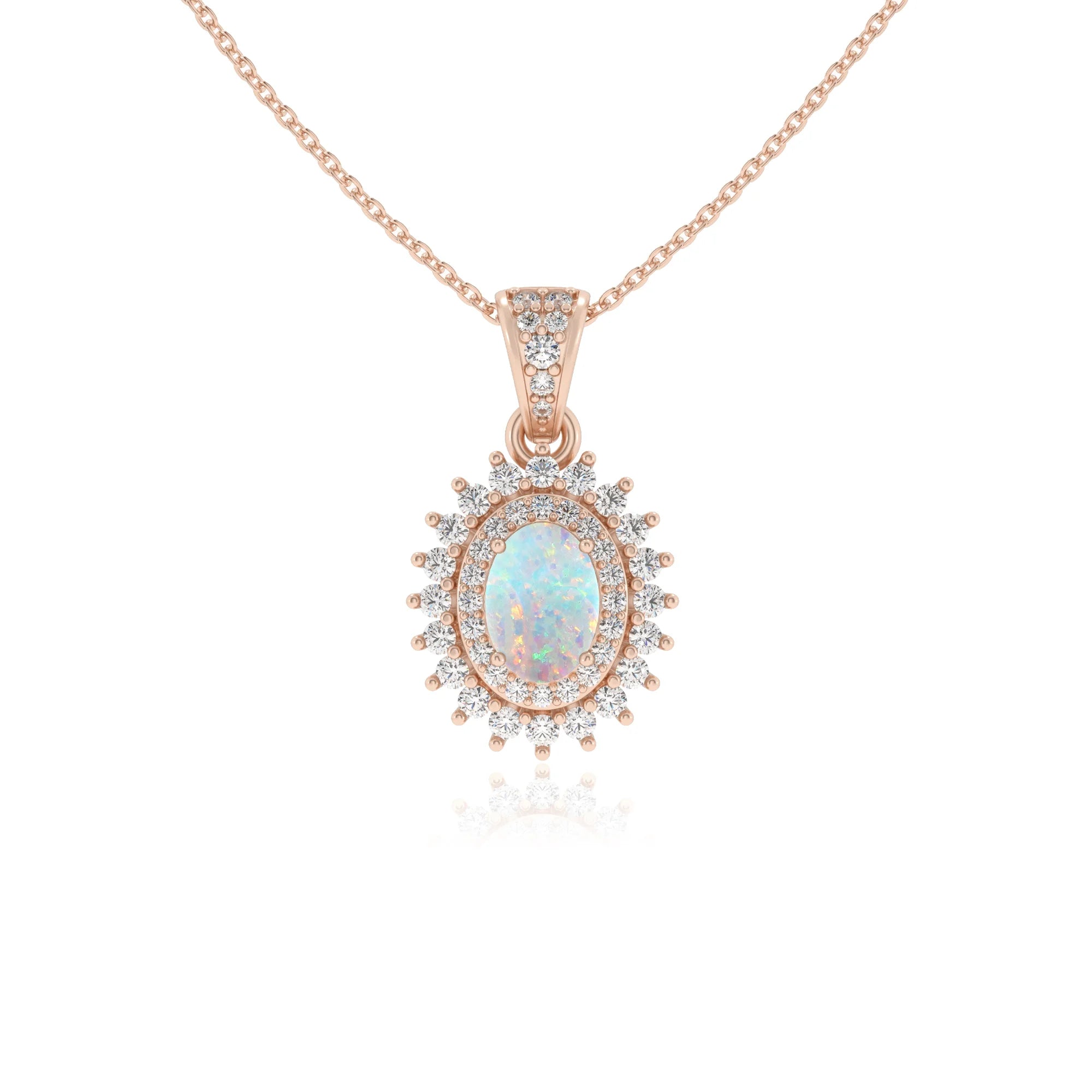 lab grown opal oval halo necklaces in rose gold