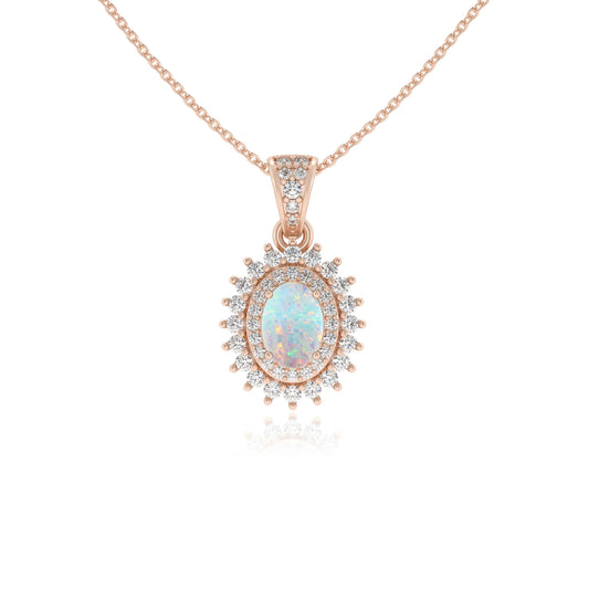 lab grown opal oval halo necklaces in rose gold
