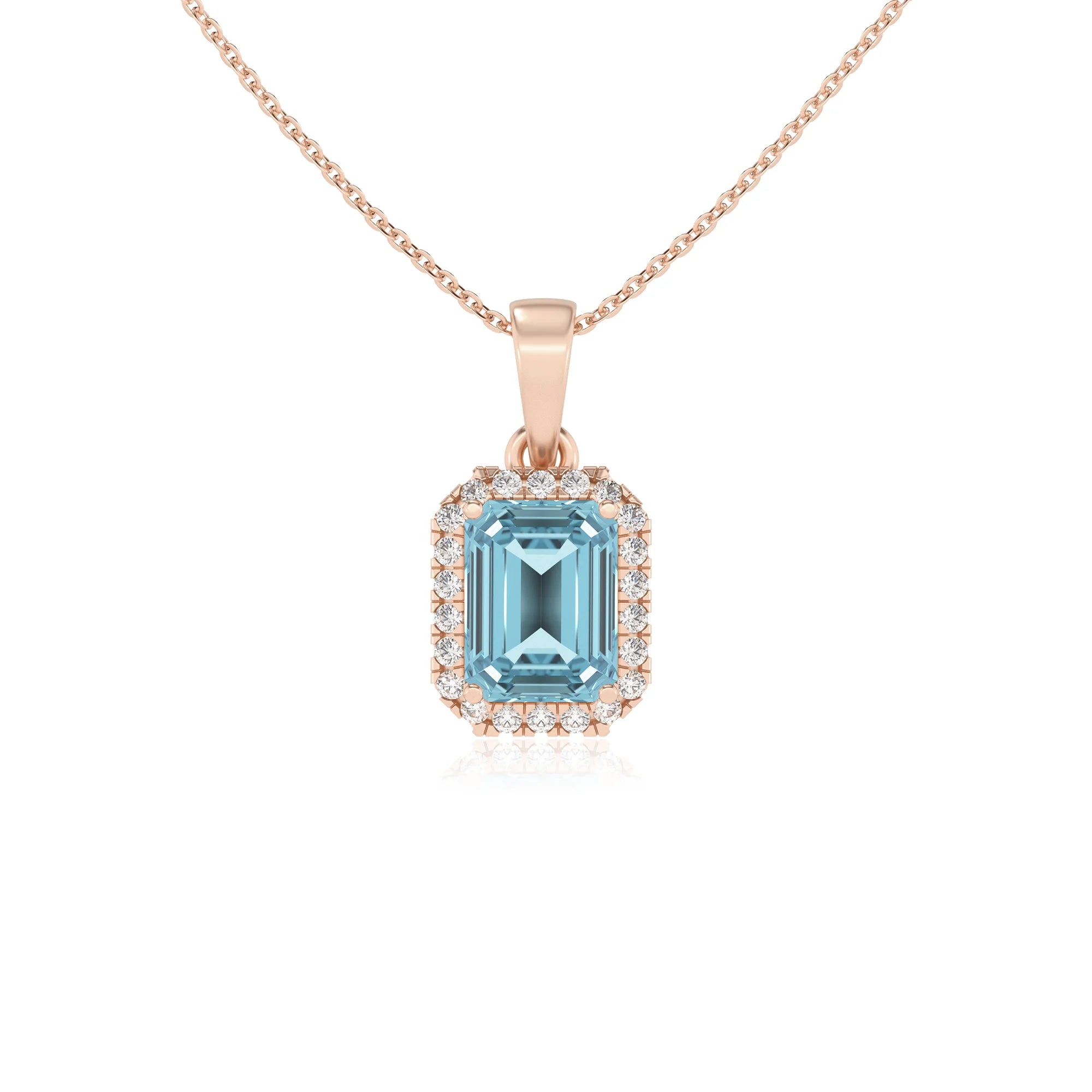 lab grown aquamarine emerald cut solitaire necklaces in rose gold