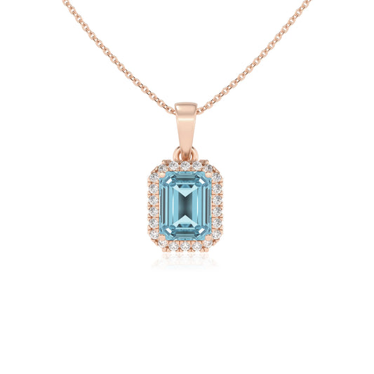 lab grown aquamarine emerald cut solitaire necklaces in rose gold