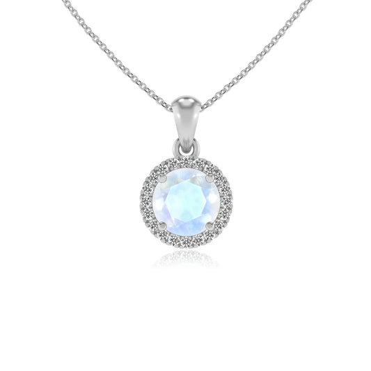 natural rainbow-moonstone round solitaire necklaces in platinum