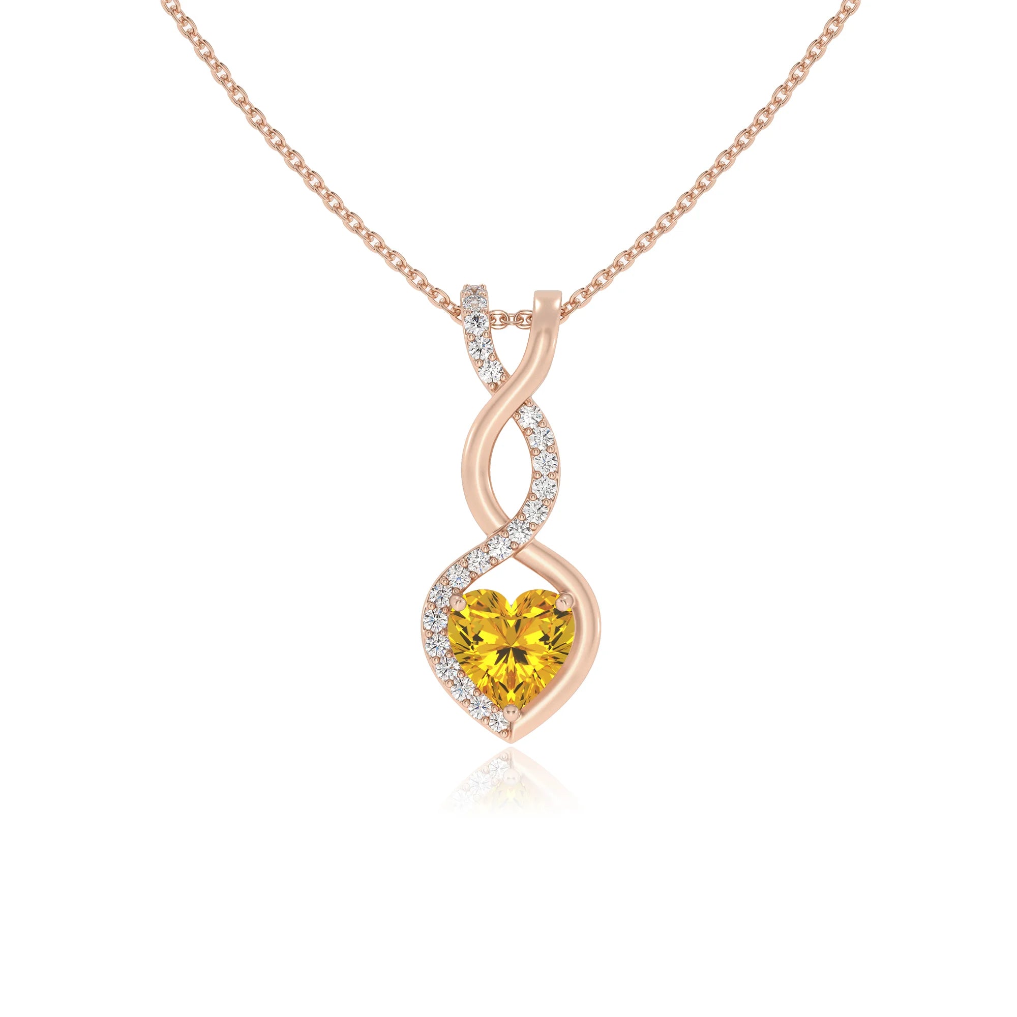 lab grown yellow-sapphire heart infinity necklaces in rose gold