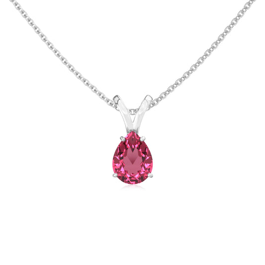 lab grown pink-tourmaline pear solitaire v-bale necklaces in sterling silver